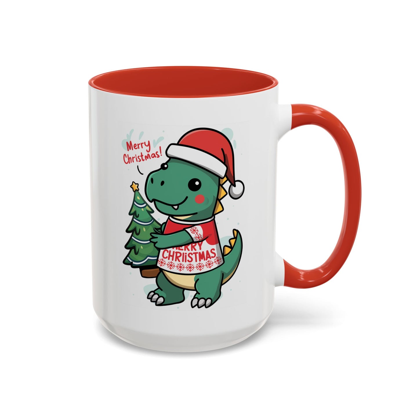 Christmas Mug - Merry Christmas Red Text Dinosaur Tree