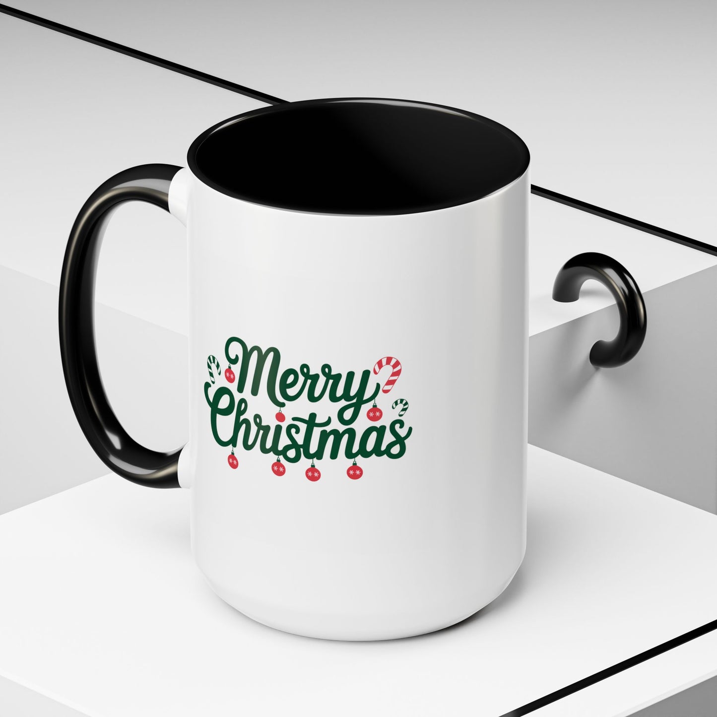 Christmas Mug - Merry Christmas Green Text Ornaments Candy Canes