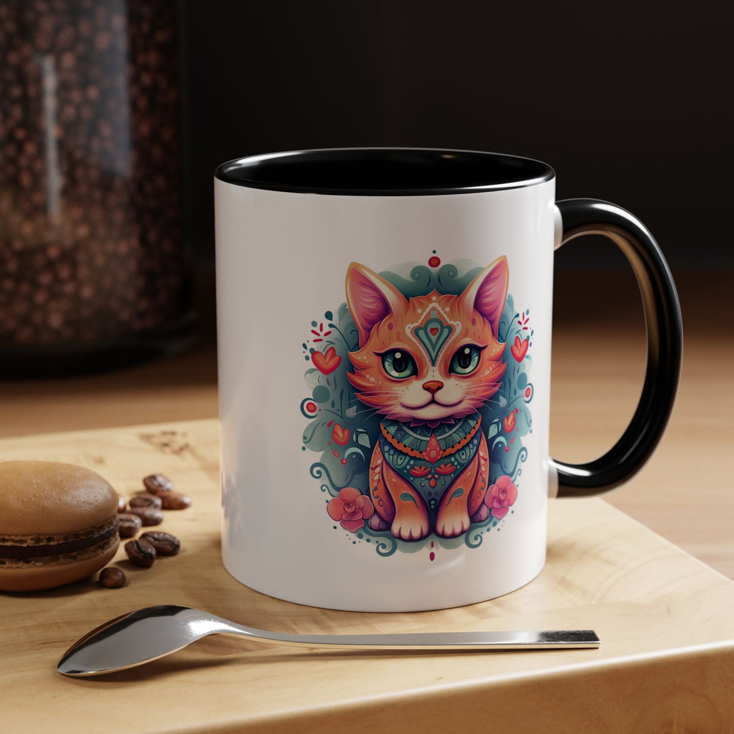 Animal  - Mystic Cat Turquoise & Coral Flowers