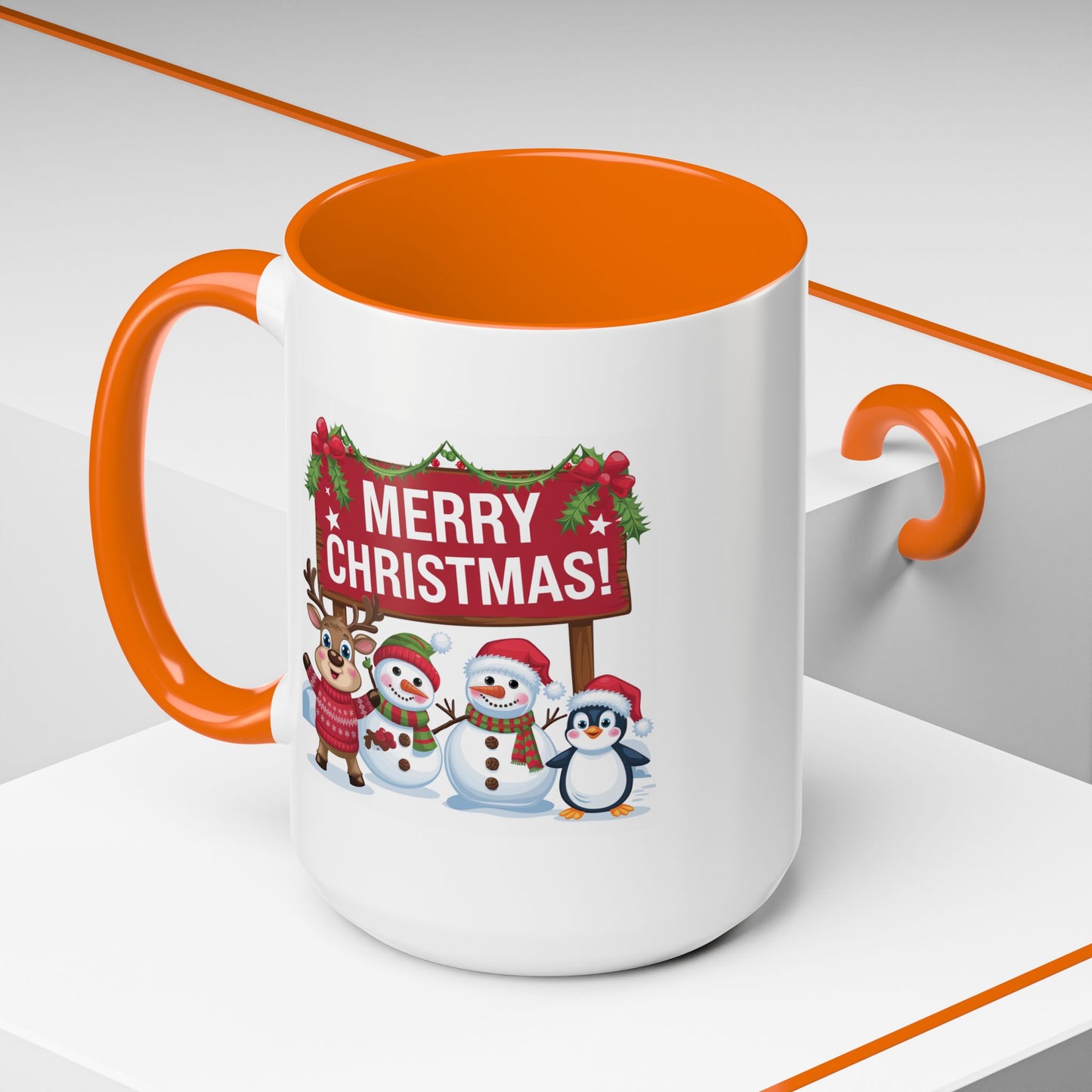Christmas Mug - Merry Christmas White Text Reindeer Snowmen Penguin