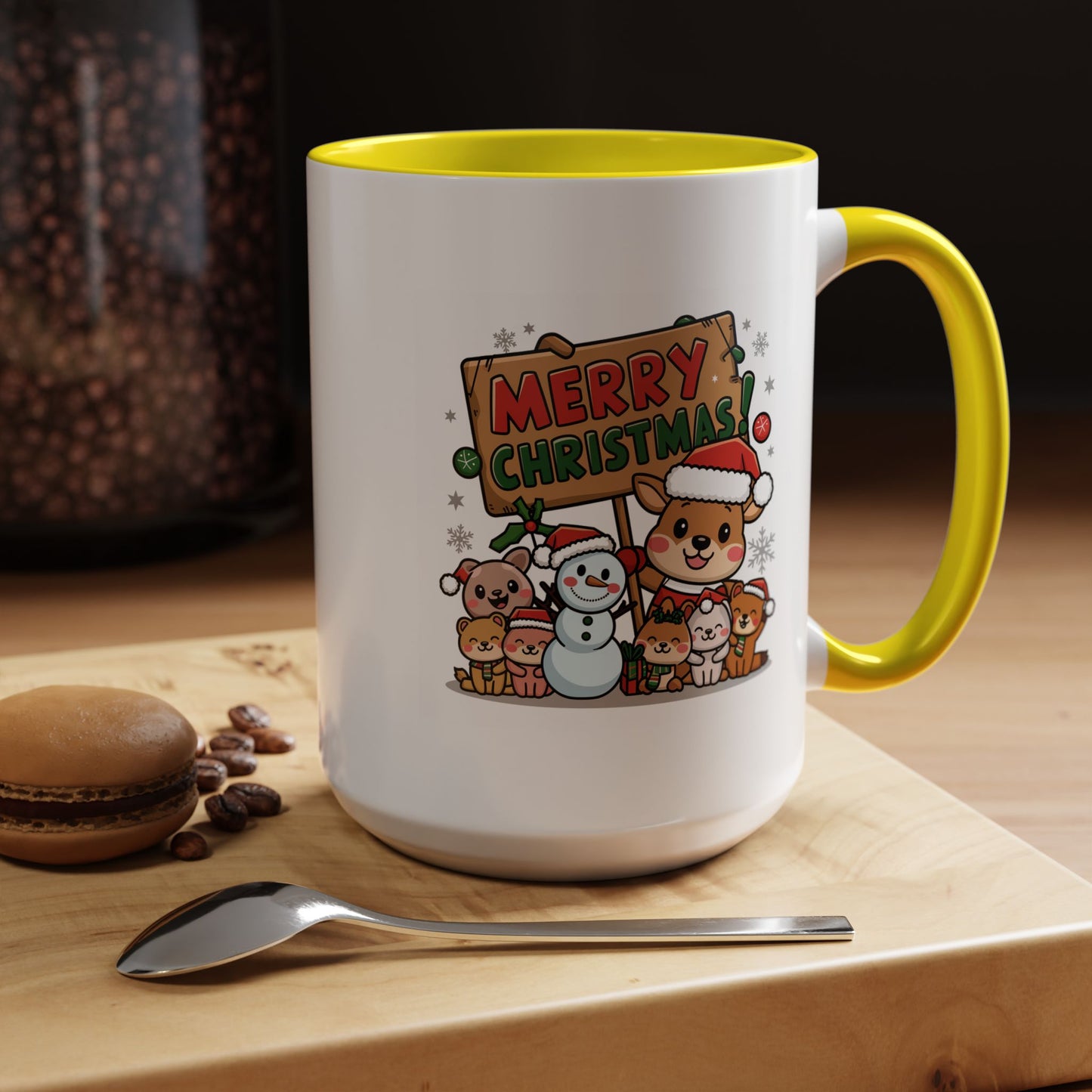 Christmas Mug - Merry Christmas Red & Green Text Reindeer Snowman