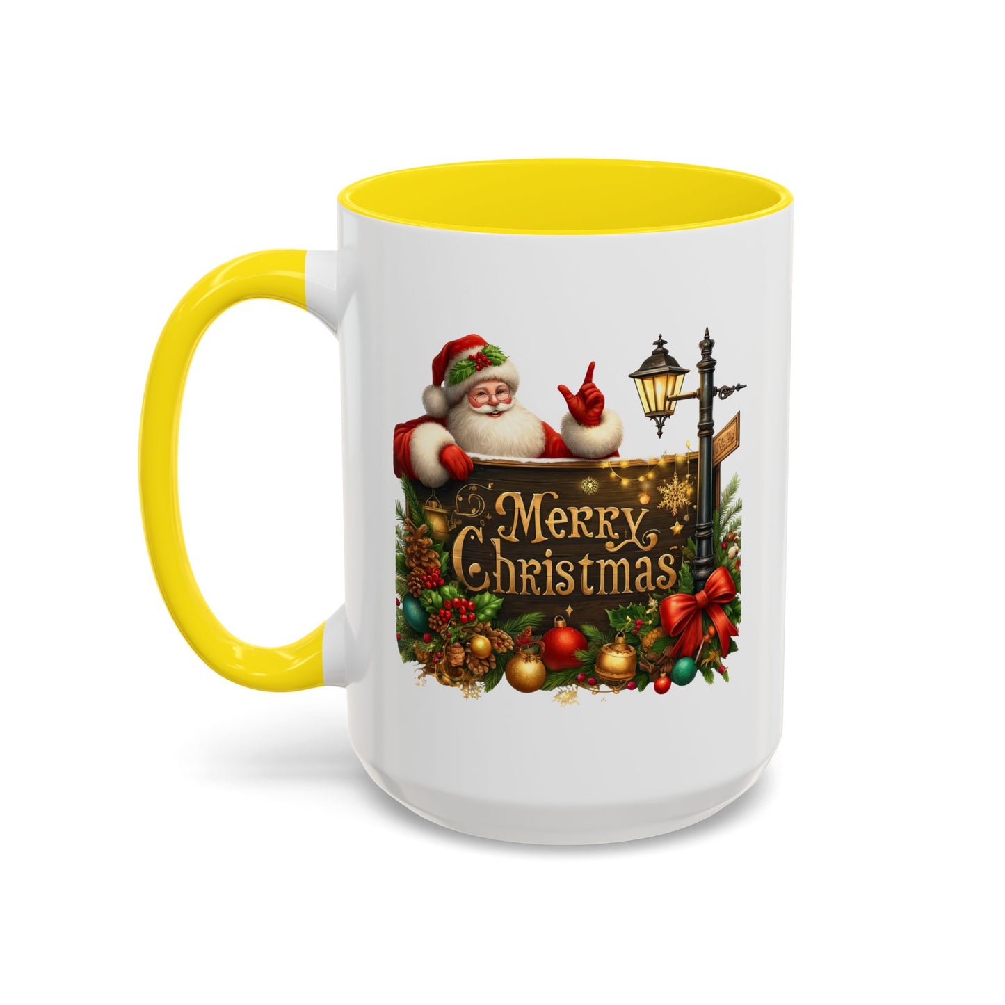 Christmas Mug - Merry Christmas Gold Text Santa Point Ornaments