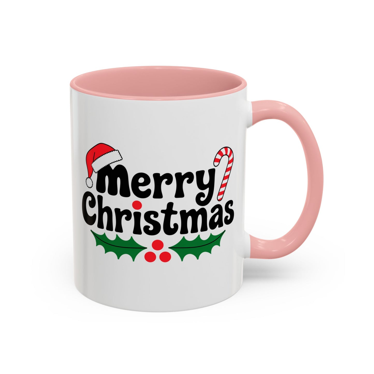 Christmas Mug - Merry Christmas Black Text Hat Candy Cane Mistletoe