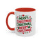 Christmas Mug - Merry Christmas Green & Red Text Trees Hearts Snowflakes Stars