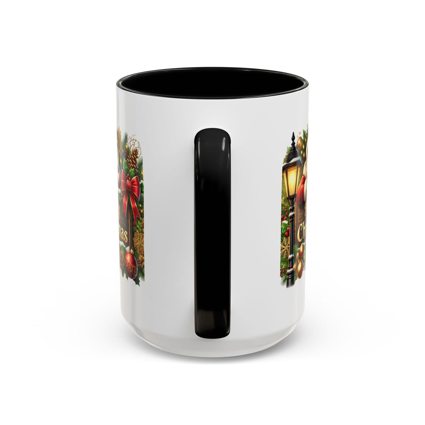 Christmas Mug - Merry Christmas Cream Text Santa Ok Light Bow Ornaments