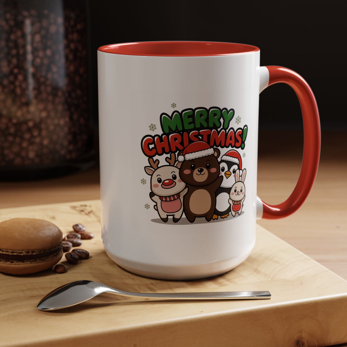 Christmas Mug - Merry Christmas Green & Red Text Cute Animals