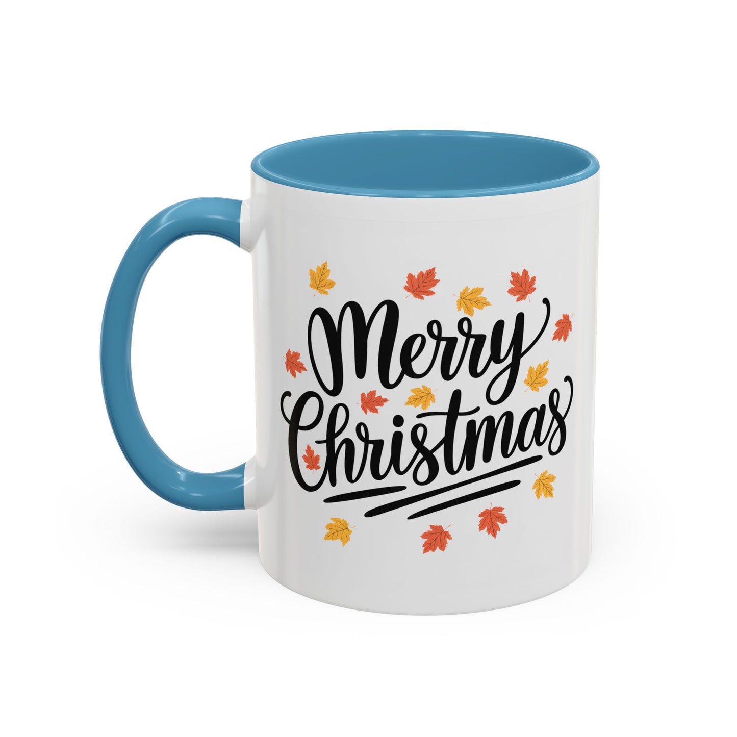Christmas Mug - Merry Christmas Black Text Fall Leaves