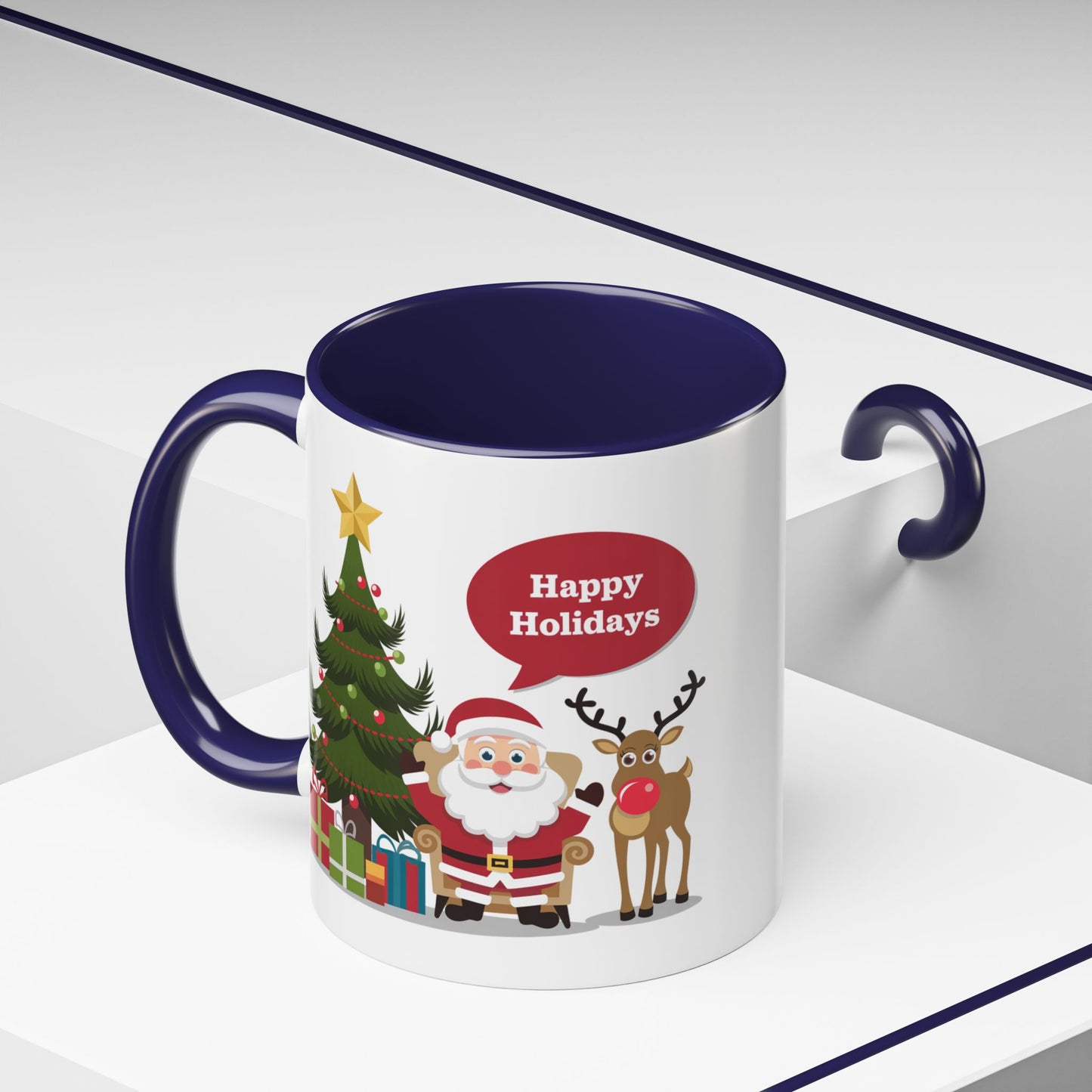 Christmas Mug - Happy Holidays Callout Santa Tree Presents Reindeer