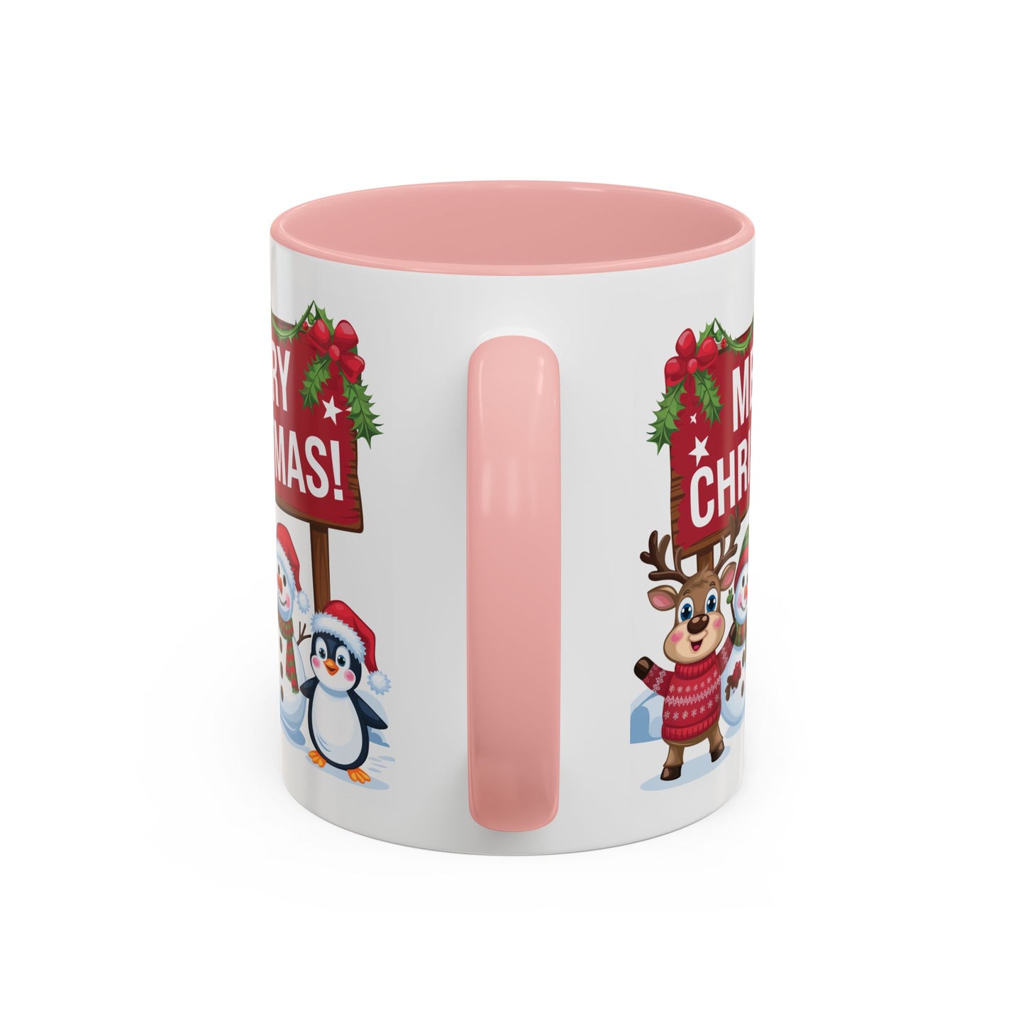 Christmas Mug - Merry Christmas White Text Reindeer Snowmen Penguin