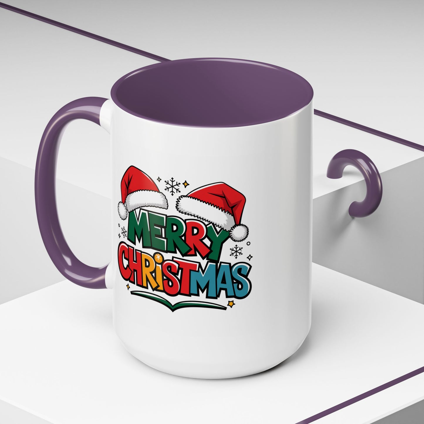 Christmas Mug - Merry Christmas Green Red Yellow and Blue Text Red Hats
