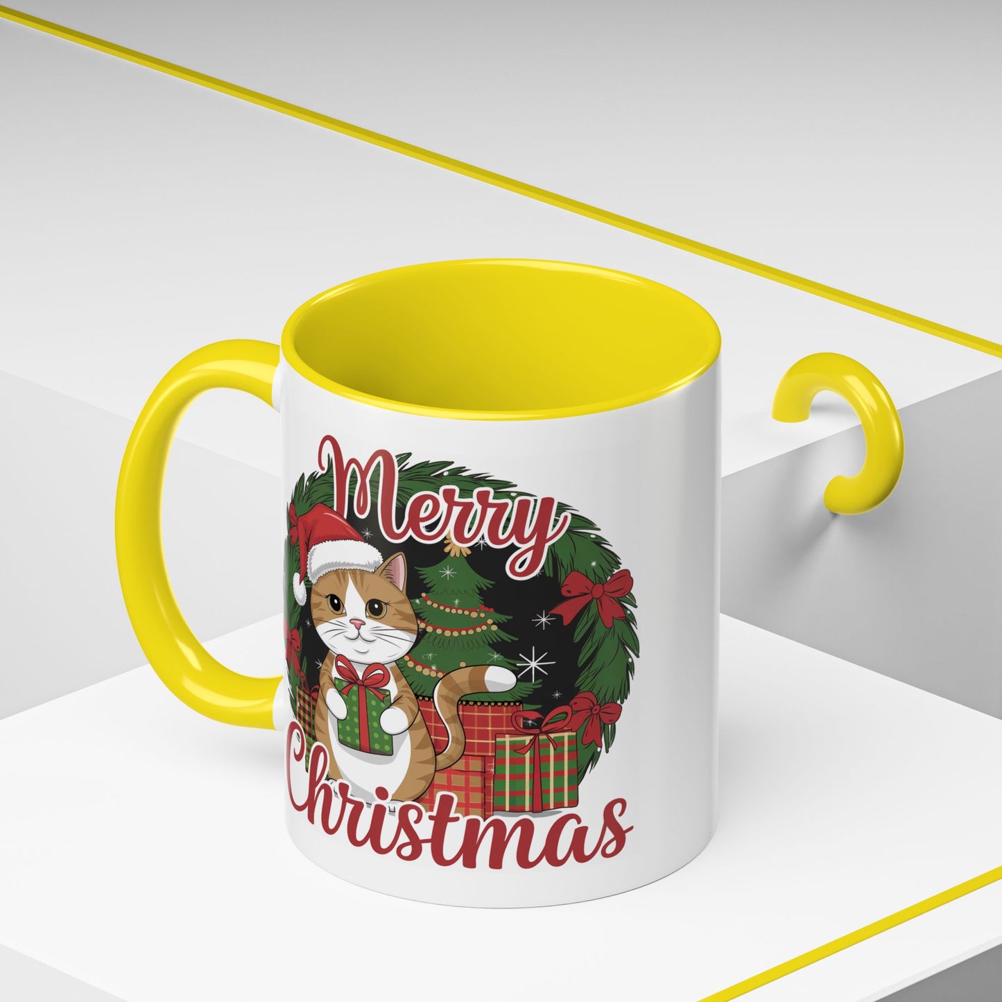 Christmas Mug - Merry Christmas Red Text Cat Presents Wreath