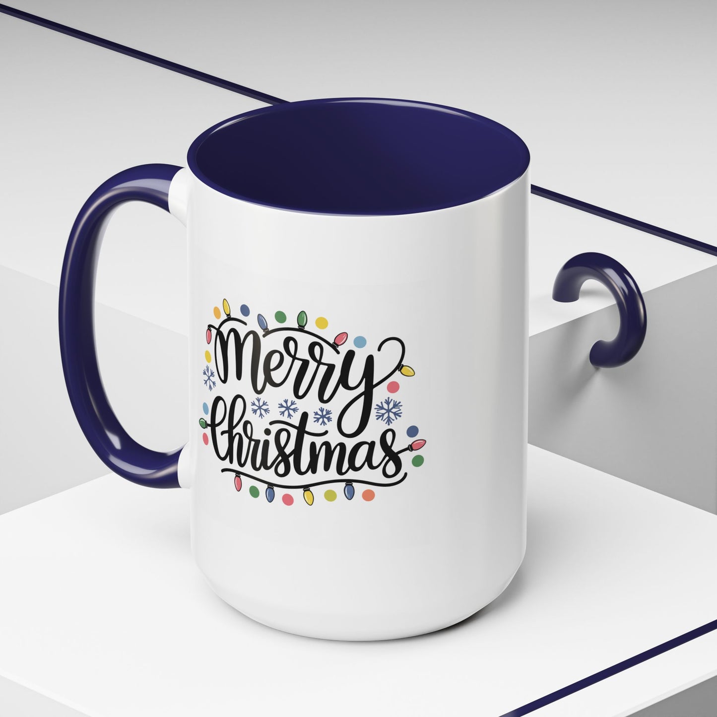 Christmas Mug - Merry Christmas Black Text Colored Lights