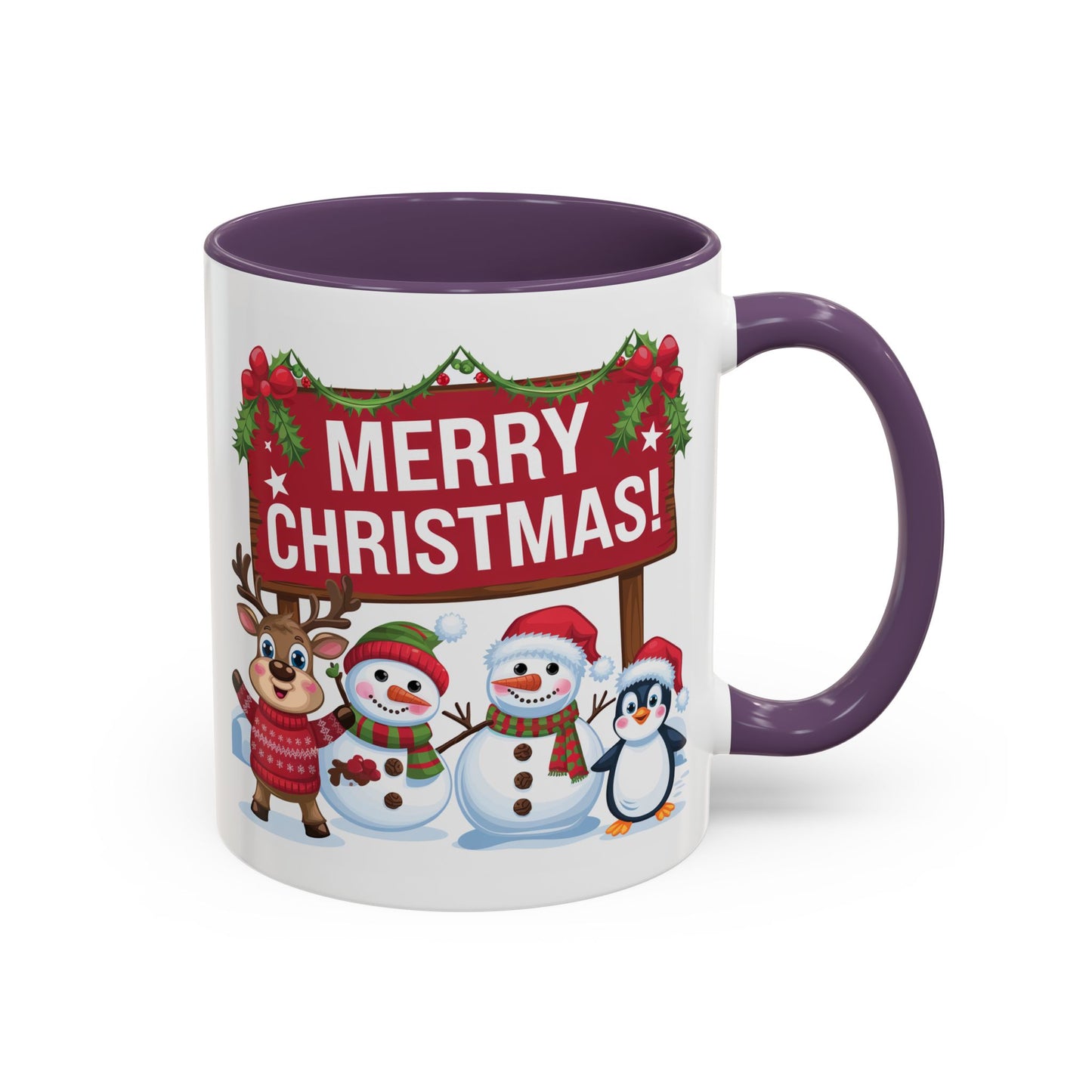 Christmas Mug - Merry Christmas White Text Reindeer Snowmen Penguin