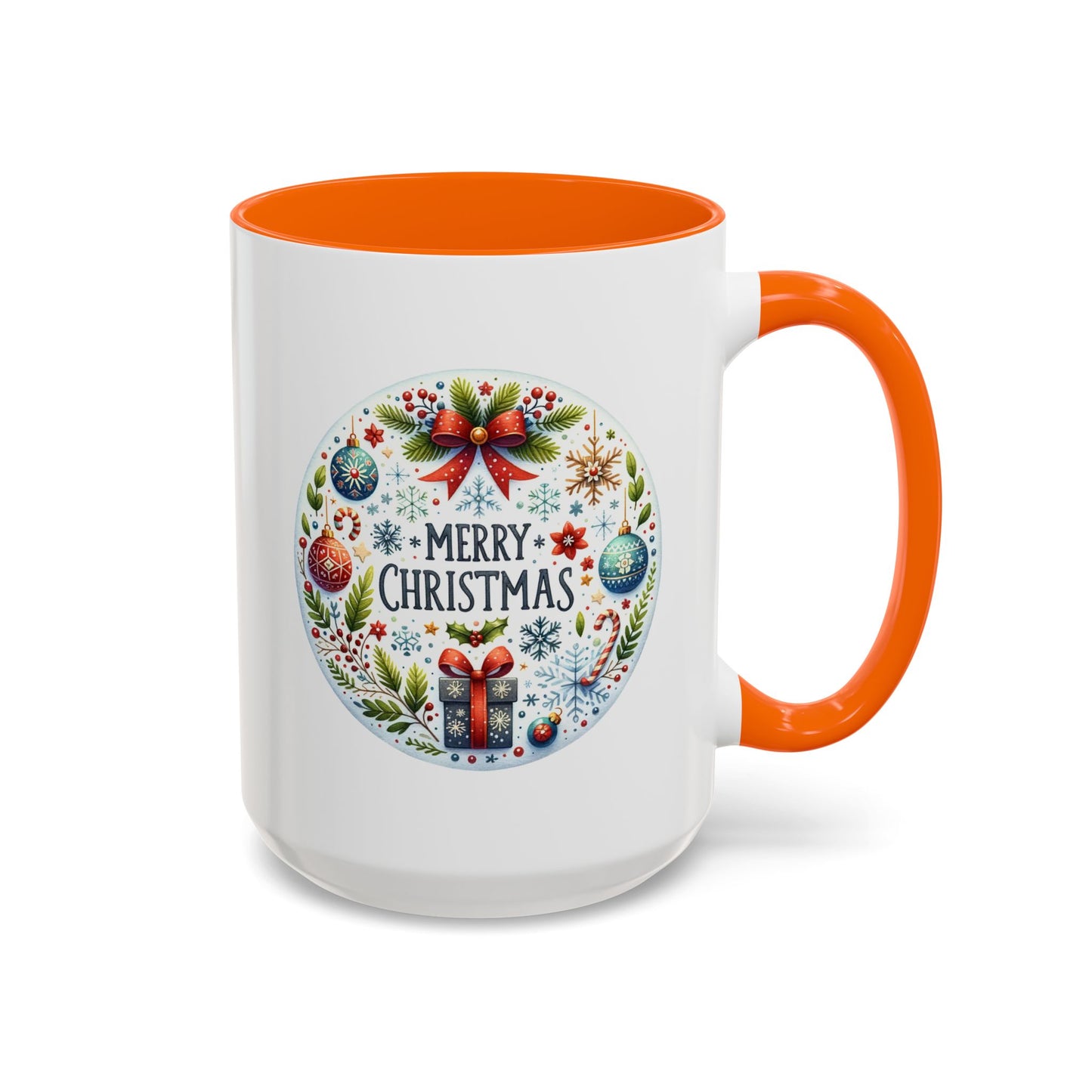 Christmas Mug - Merry Christmas Blue Text Bow Present Ornaments