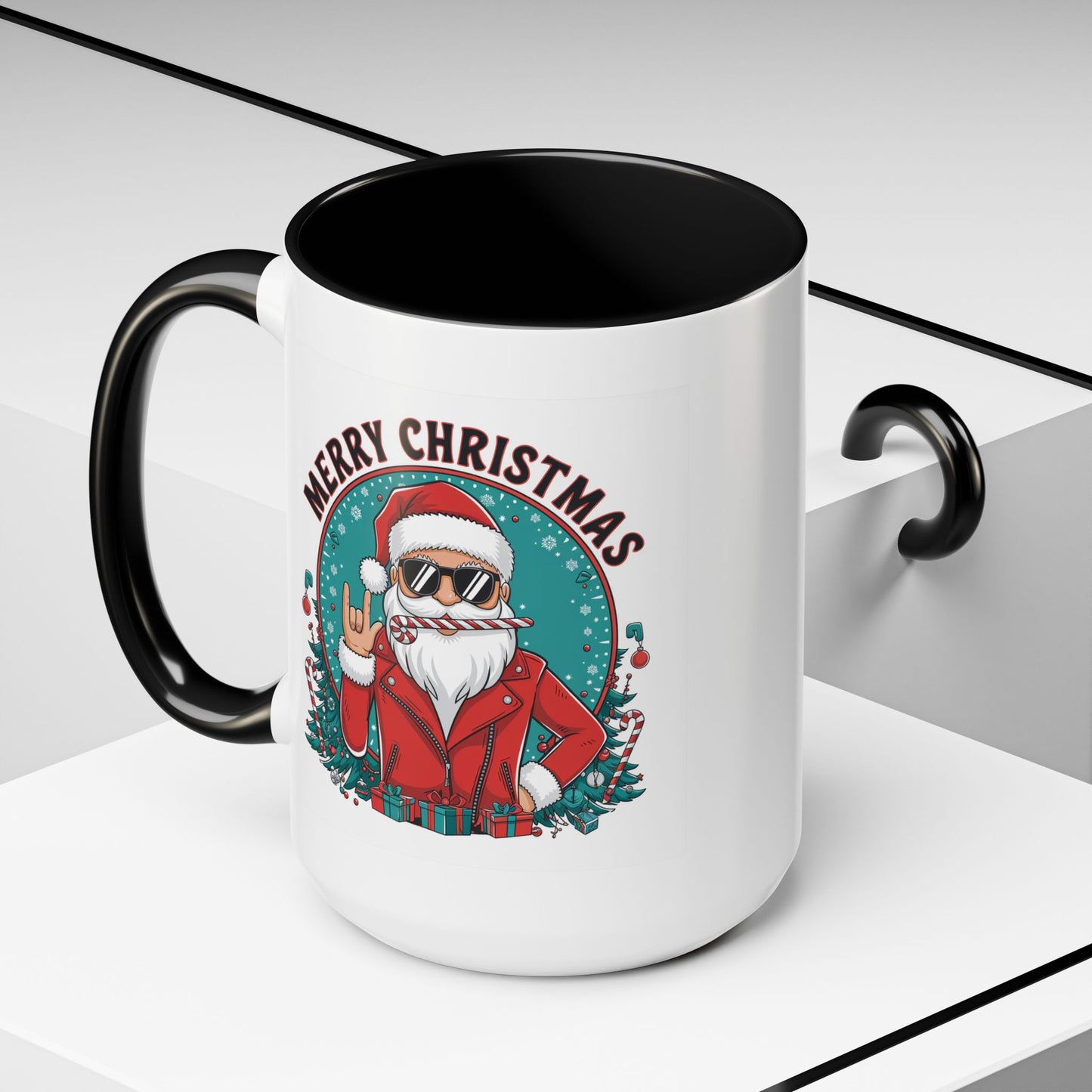 Christmas Mug - Merry Christmas Black & Red Text Cool Santa