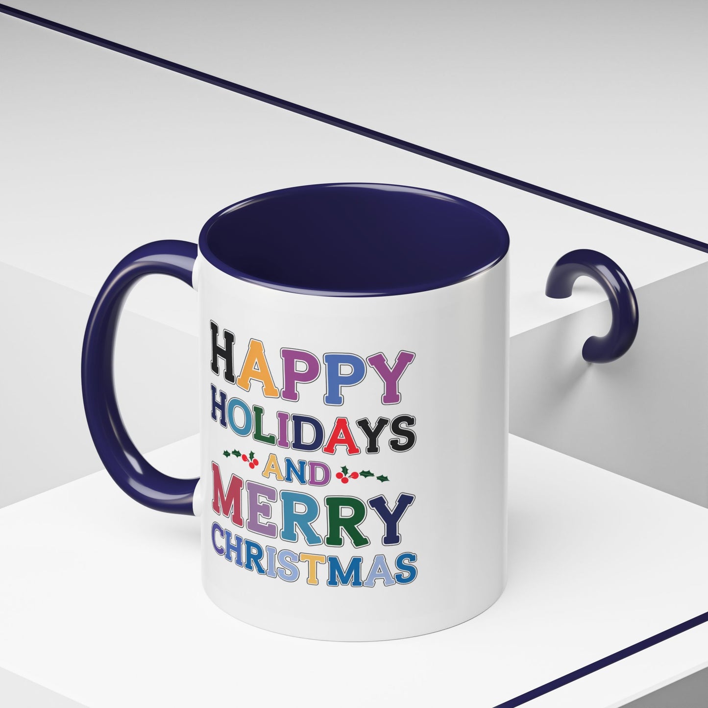 Christmas Mug - Happy Holidays and Merry Christmas Blue Yellow Purple Orange Red Text