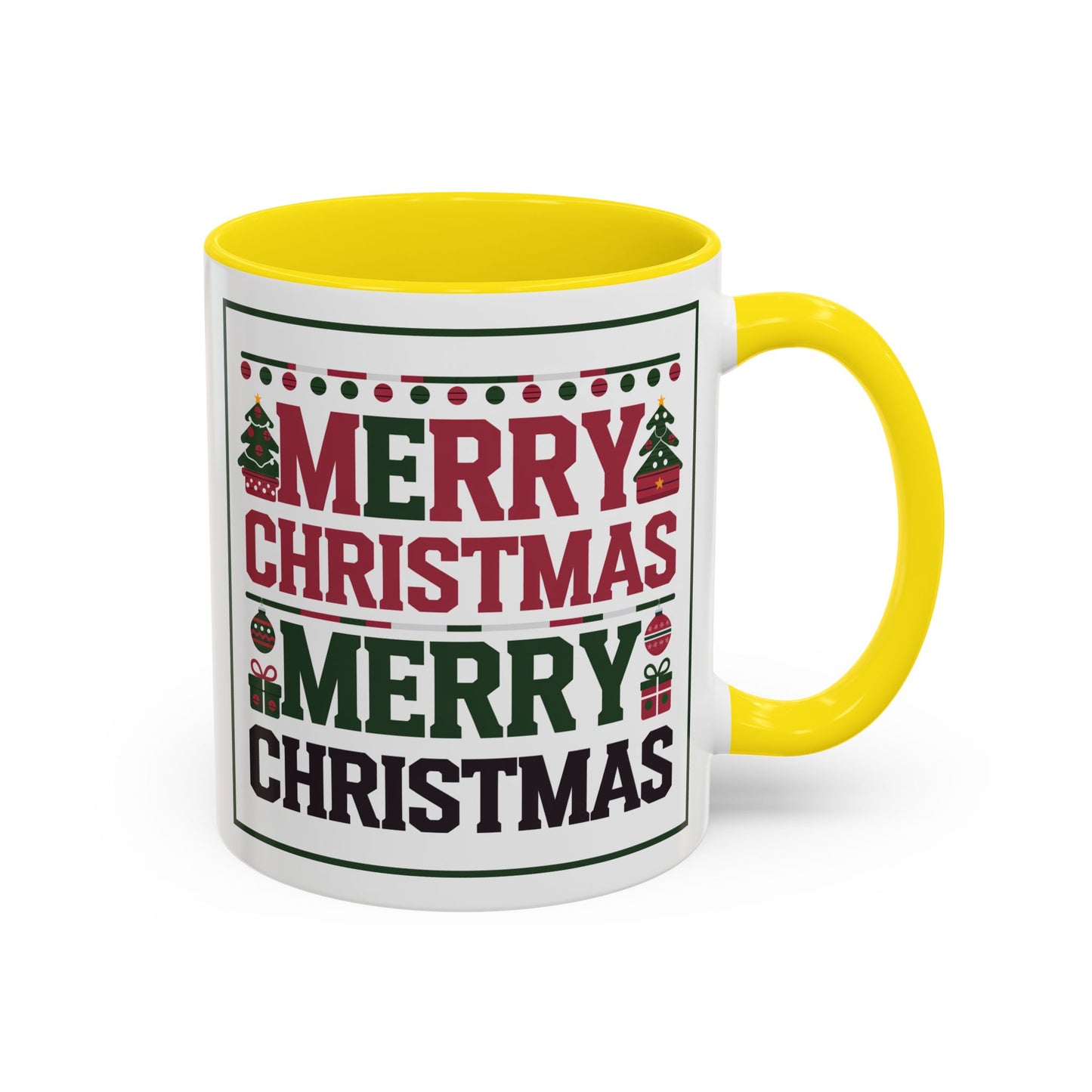 Christmas Mug - Merry Christmas Red Green & Black Text Trees Presents