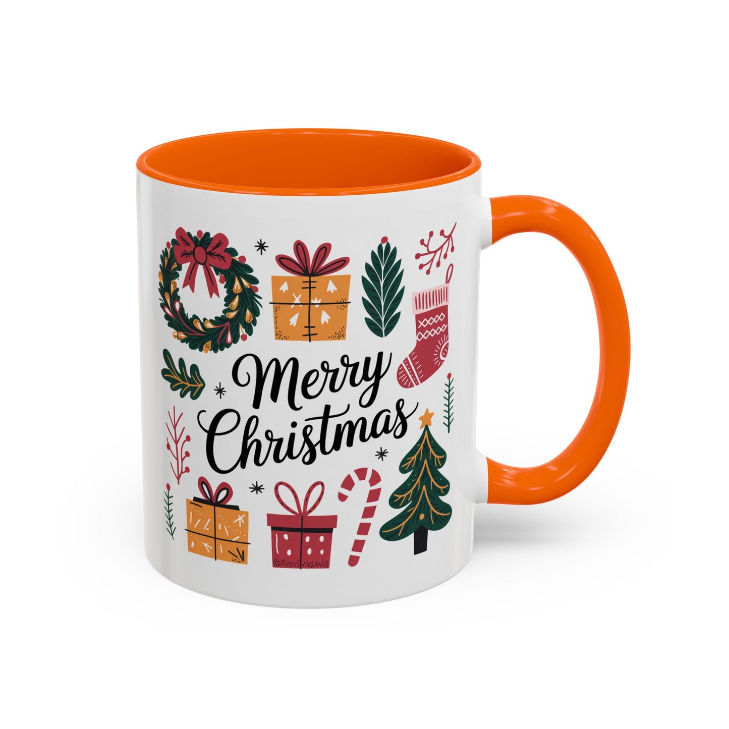 Christmas Mug - Merry Christmas Green Text Presents Tree Candy Cane