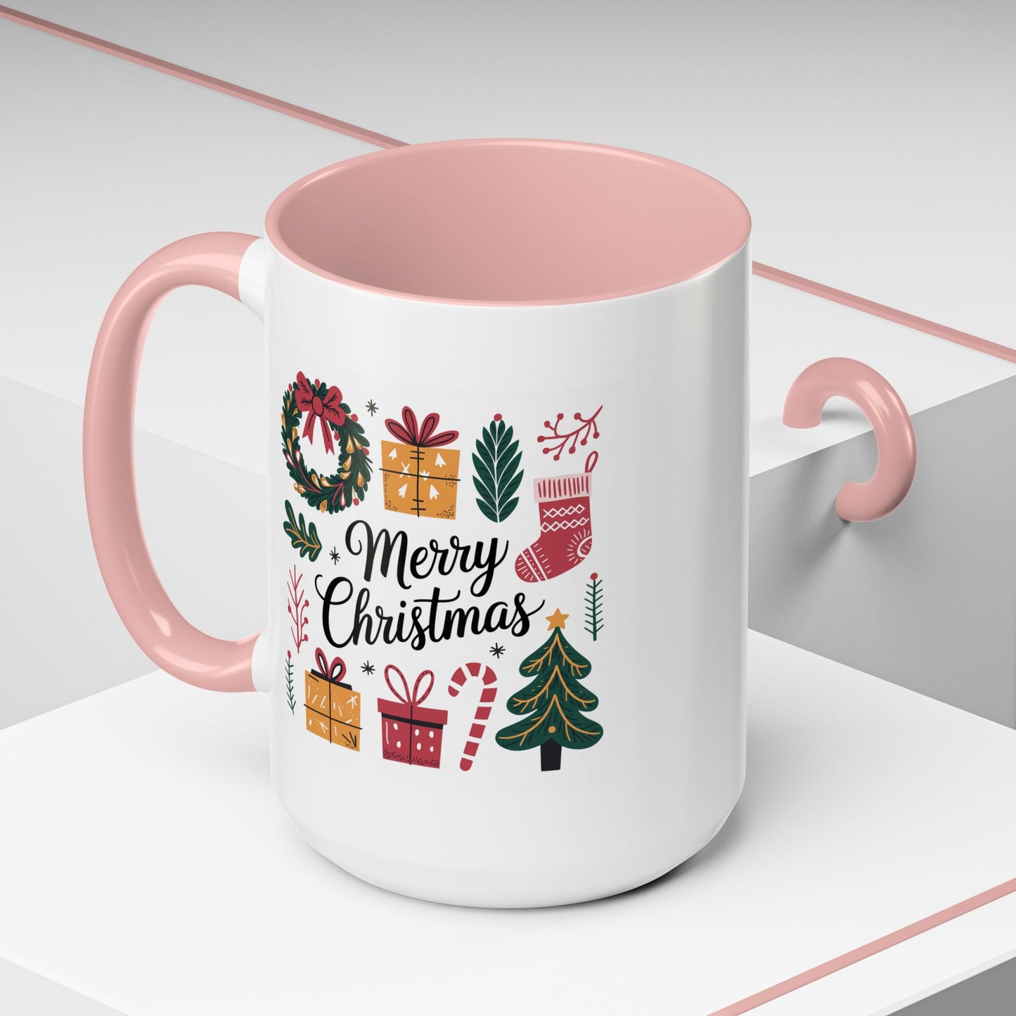 Christmas Mug - Merry Christmas Green Text Presents Tree Candy Cane