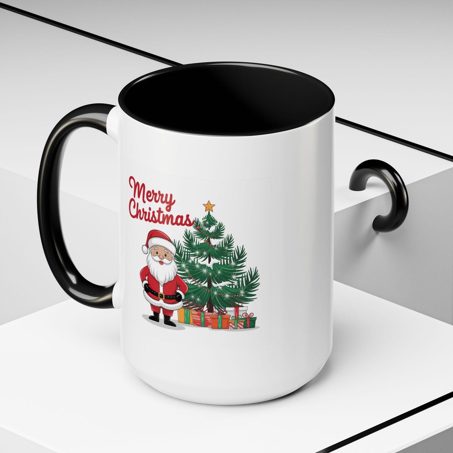 Christmas Mug - Merry Christmas Red Text Santa Tree Presents