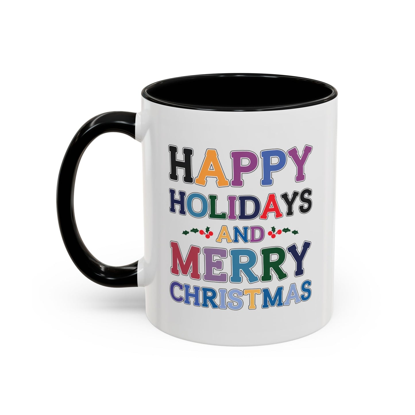 Christmas Mug - Happy Holidays and Merry Christmas Blue Yellow Purple Orange Red Text