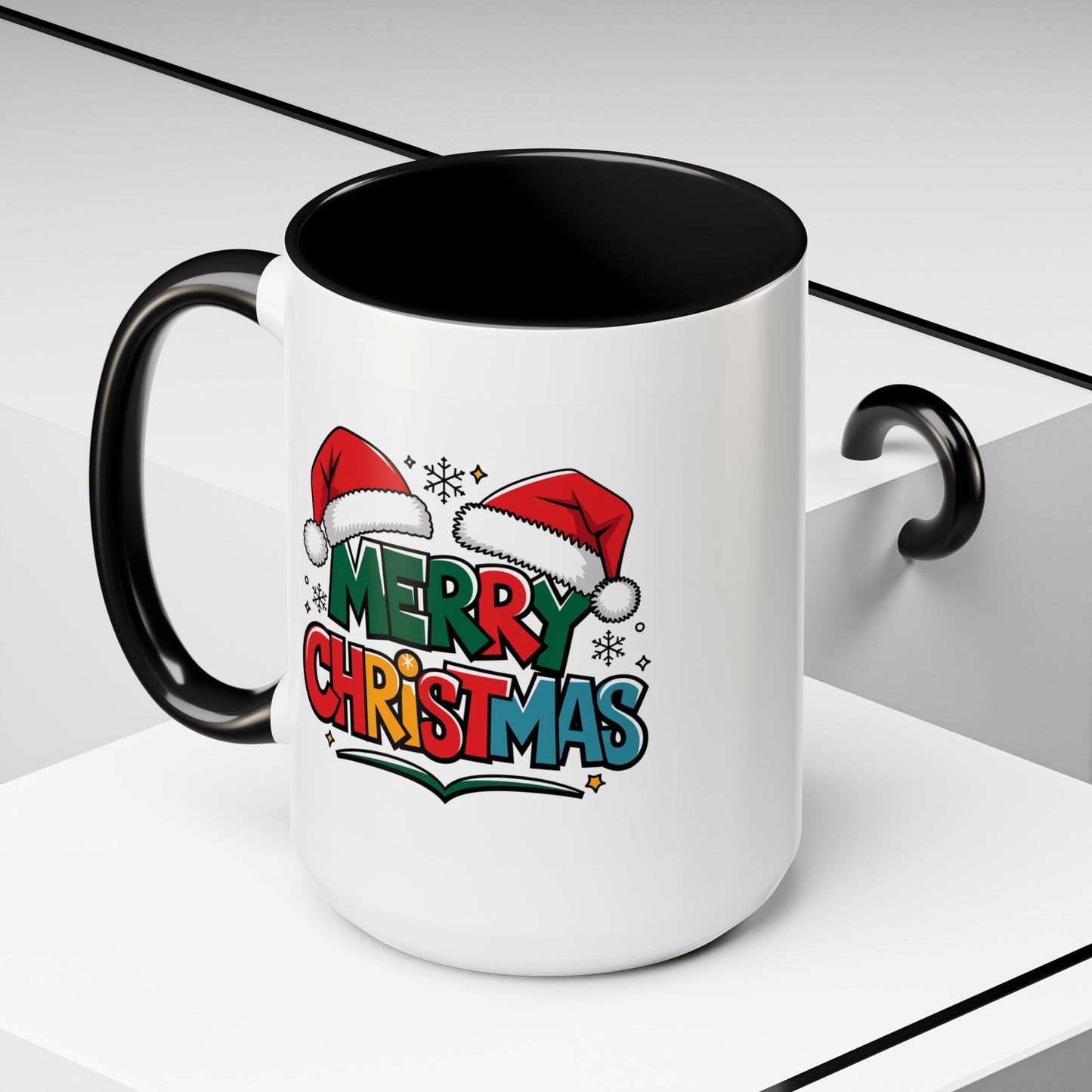 Christmas Mug - Merry Christmas Green Red Yellow and Blue Text Red Hats