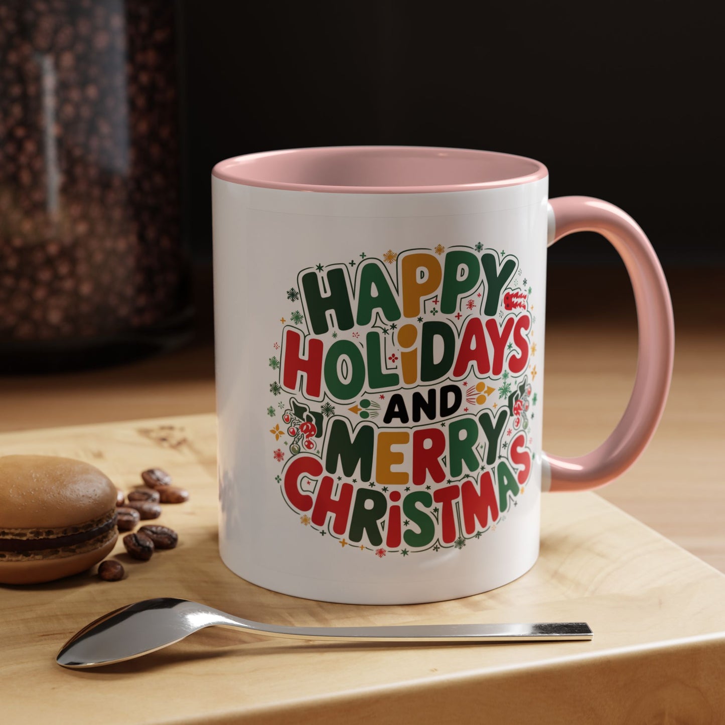 Christmas Mug - Happy Holidays and Merry Christmas Blue Green Yellow Red Text