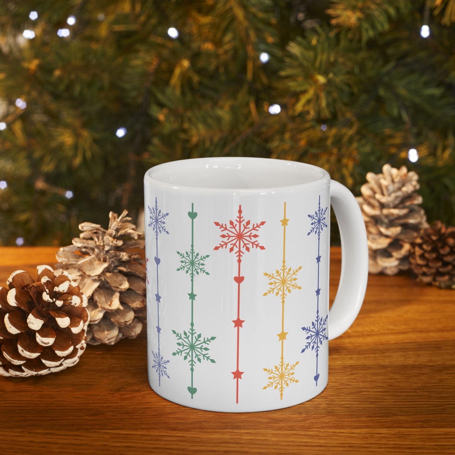 Christmas Mug - Green Yellow & Red Snowflakes Pattern