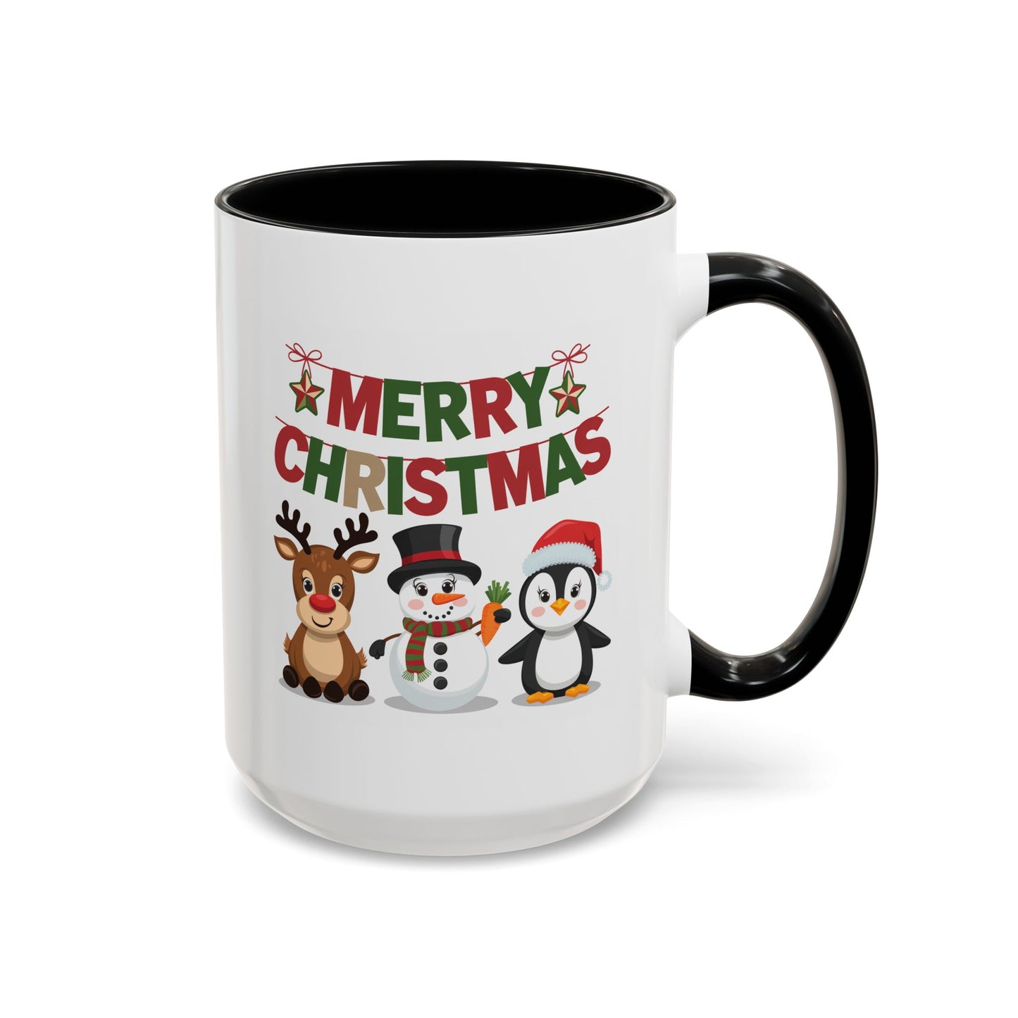 Christmas Mug - Red Green & Gold Text Reindeer Snowman Penguin