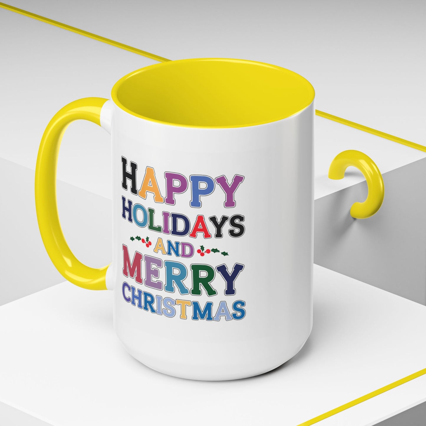 Christmas Mug - Happy Holidays and Merry Christmas Blue Yellow Purple Orange Red Text