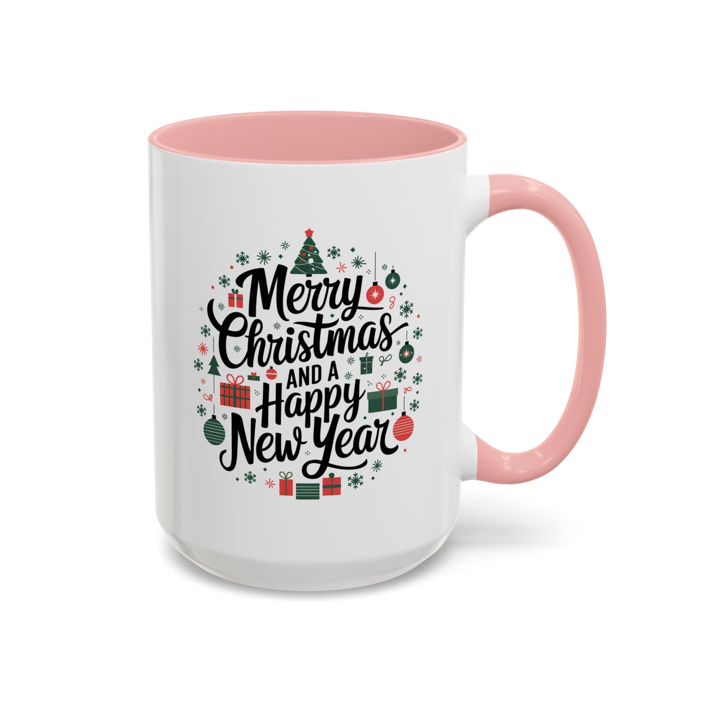Christmas Mug - Merry Christmas and a Happy New Year Black Text Tree Ornaments Presents
