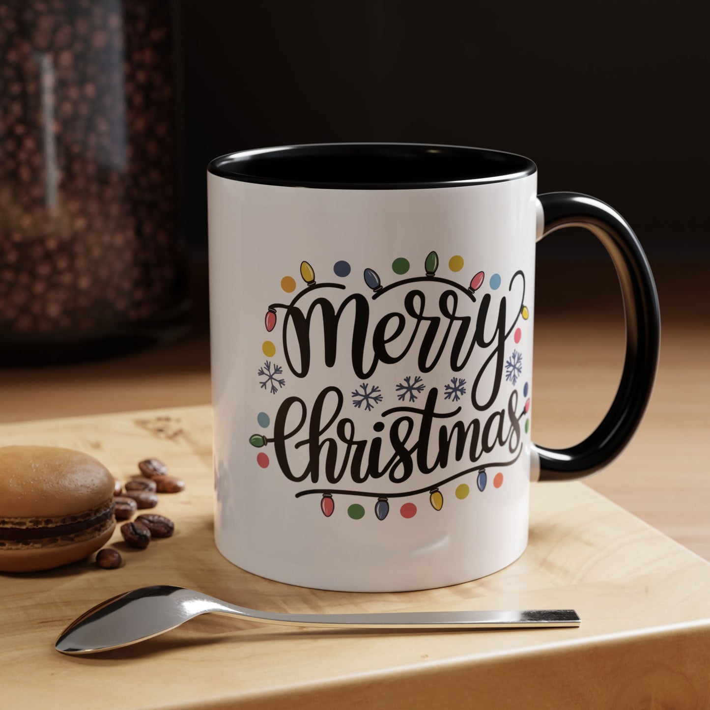 Christmas Mug - Merry Christmas Black Text Colored Lights