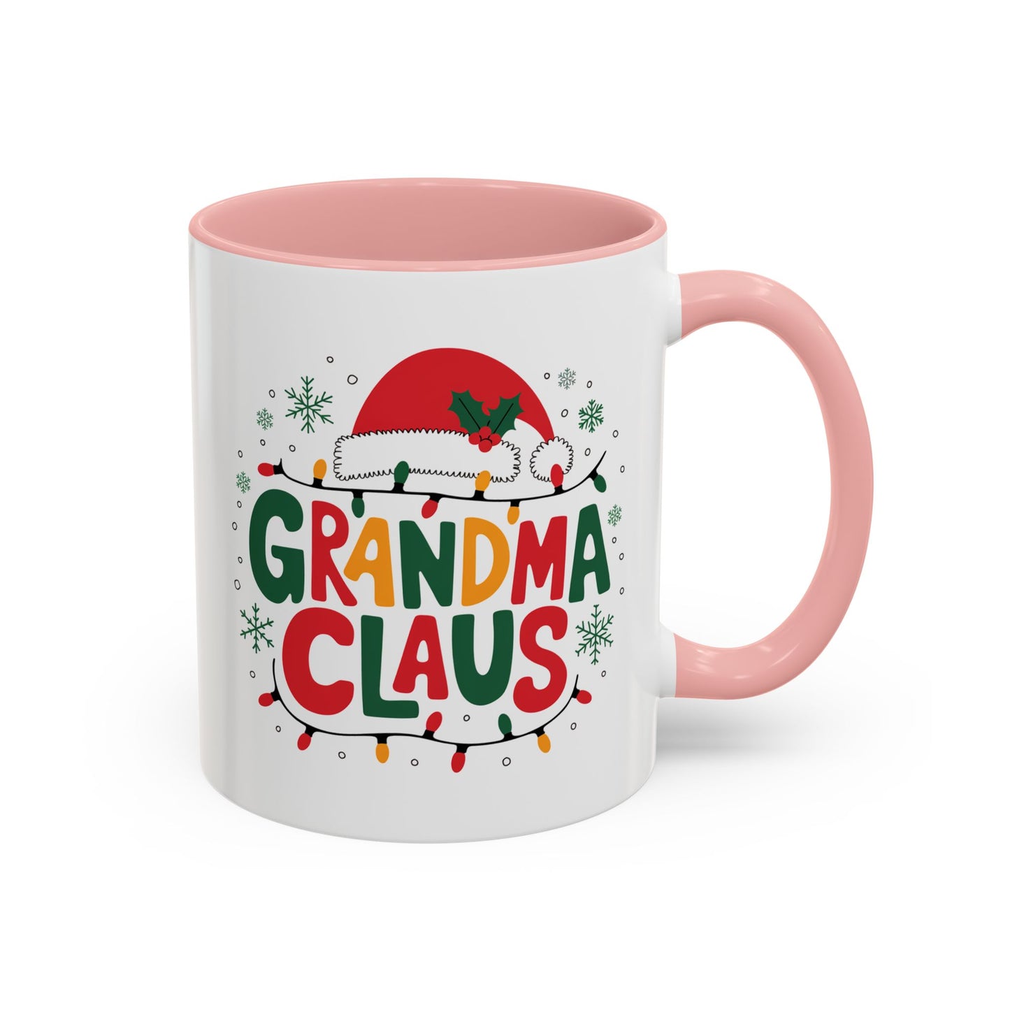 Christmas Mug - Grandma Claus Green Yellow & Red Text Hat Lights Stars
