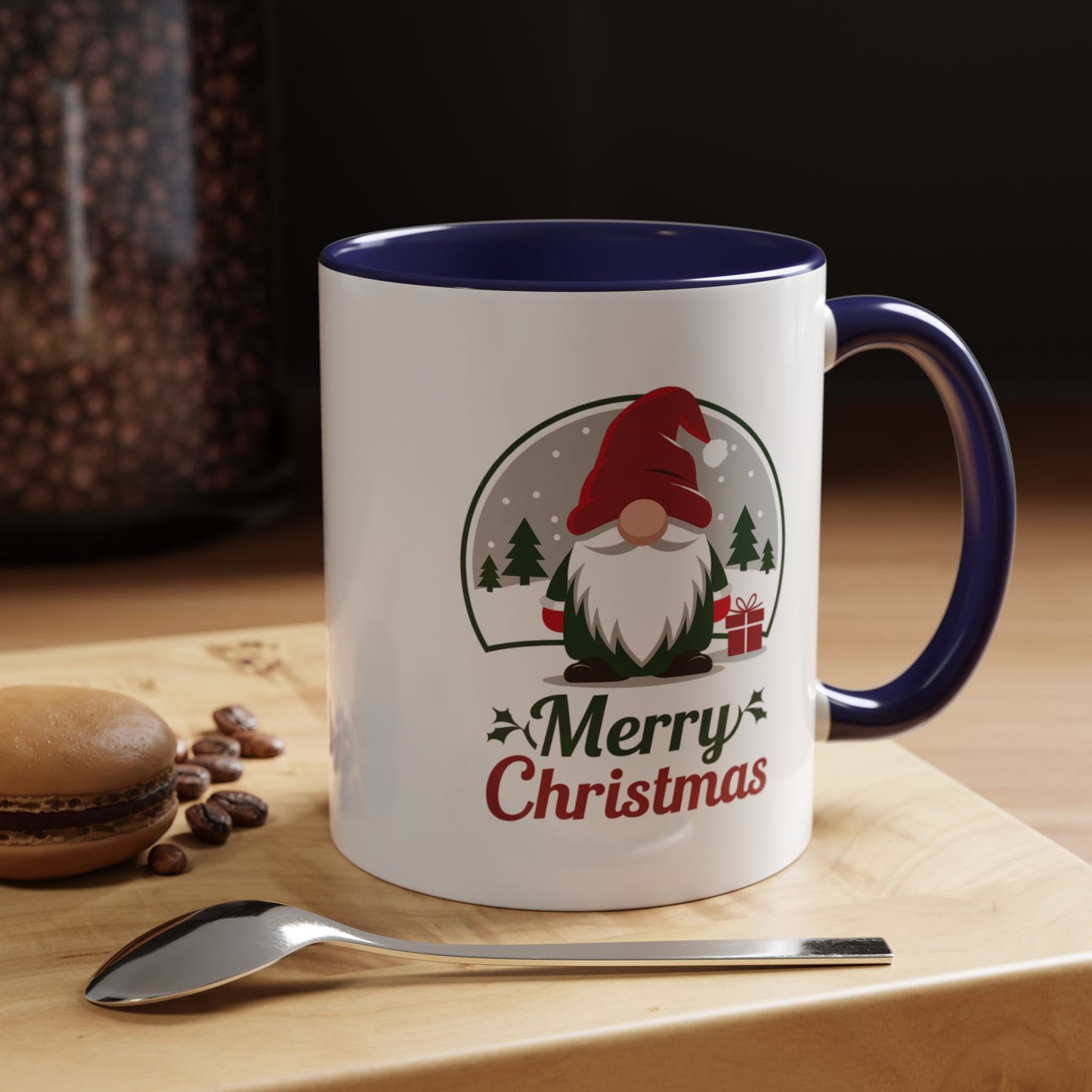 Christmas Mug - Merry Christmas Green & Red Text Gnome Present Trees