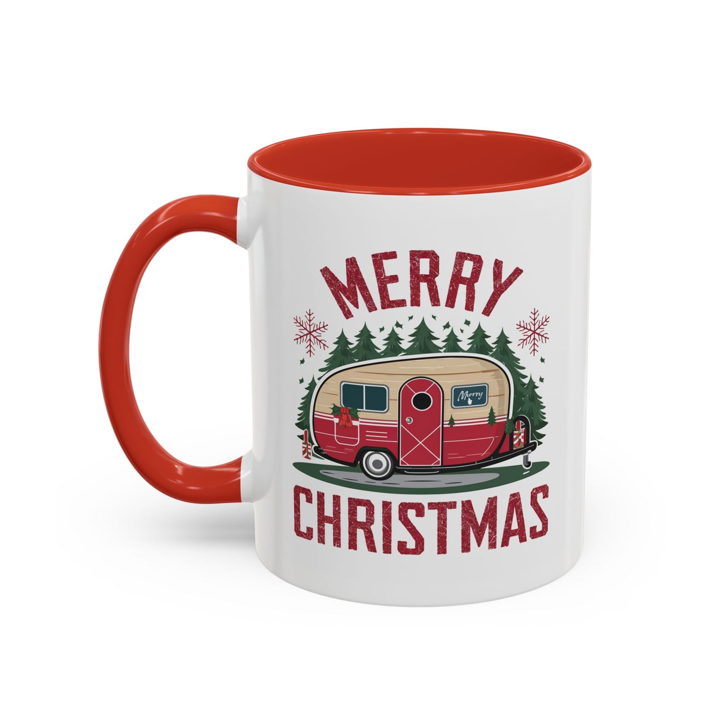 Christmas Mug - Merry Christmas Maroon Text Camper Trees Snowflakes