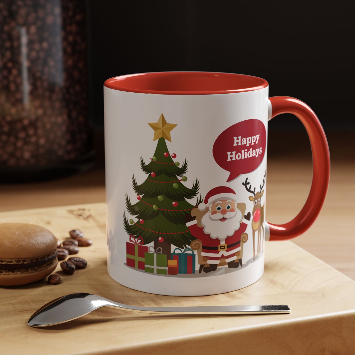 Christmas Mug - Happy Holidays Callout Santa Tree Presents Reindeer