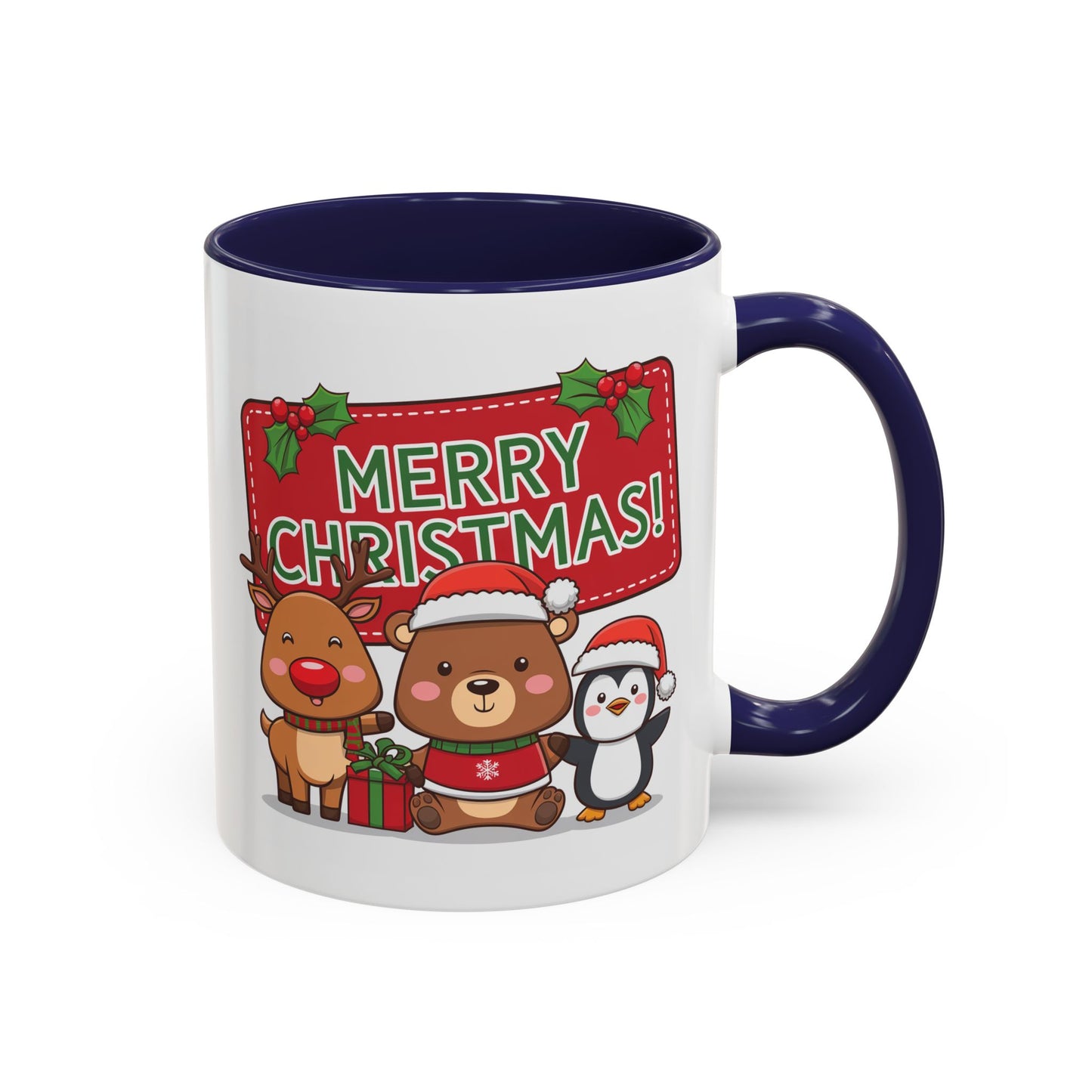 Christmas Mug - Green Text Red Banner Reindeer Bear Penguin