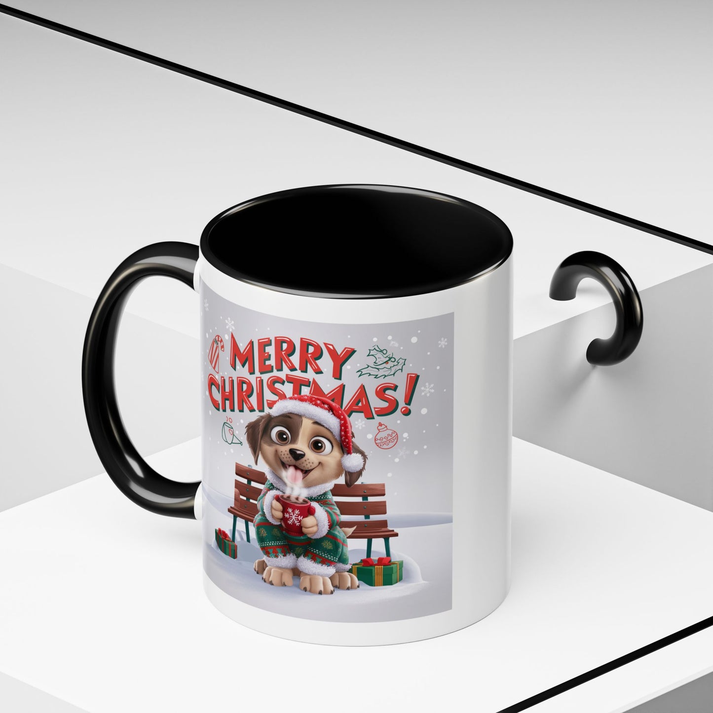 Christmas Mug - Merry Christmas Red Text Puppy Green Top