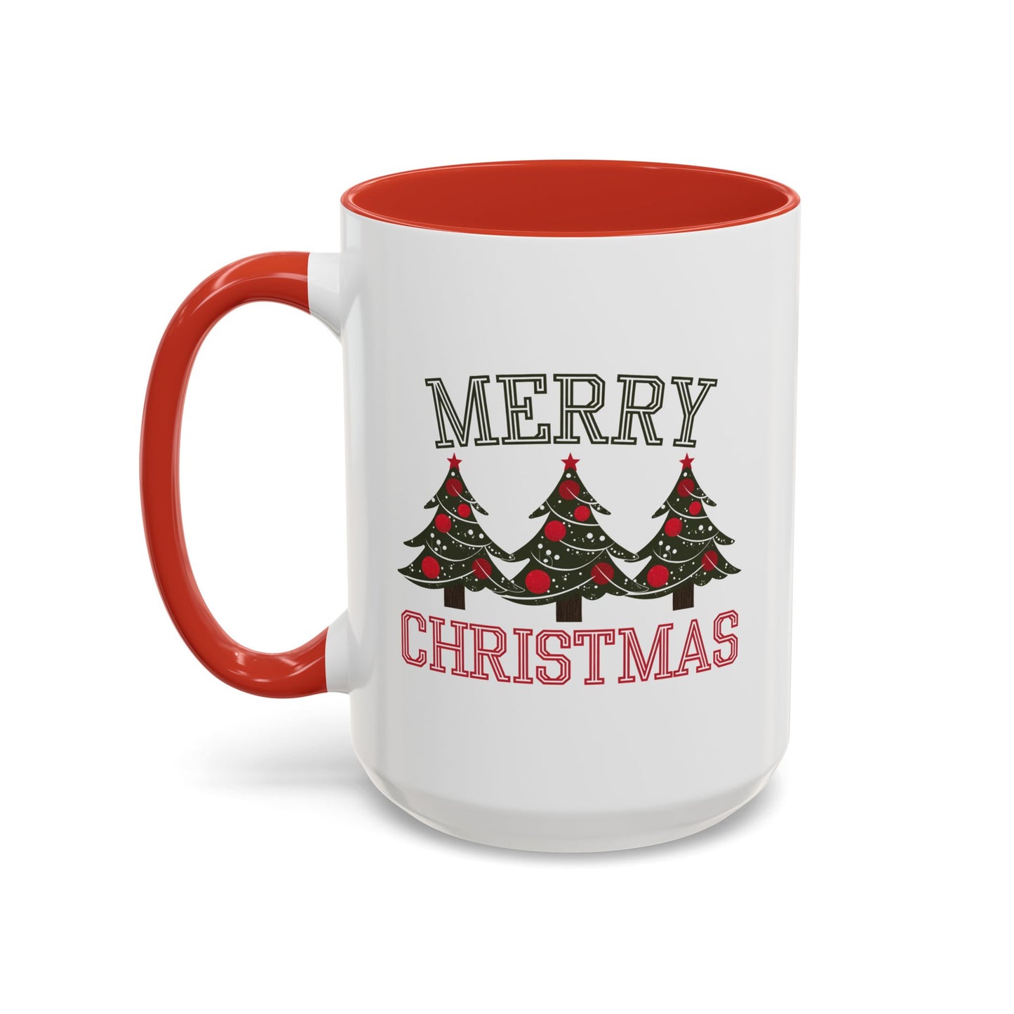 Christmas Mug - Merry Christmas Green & Red Text Decorative Trees