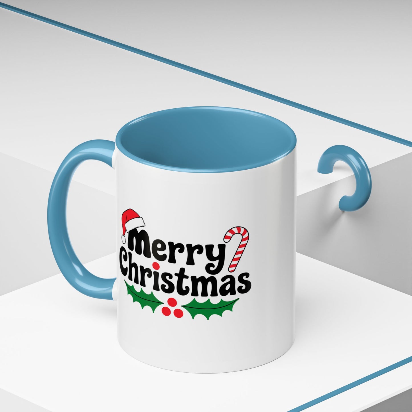 Christmas Mug - Merry Christmas Black Text Hat Cane Misletoe
