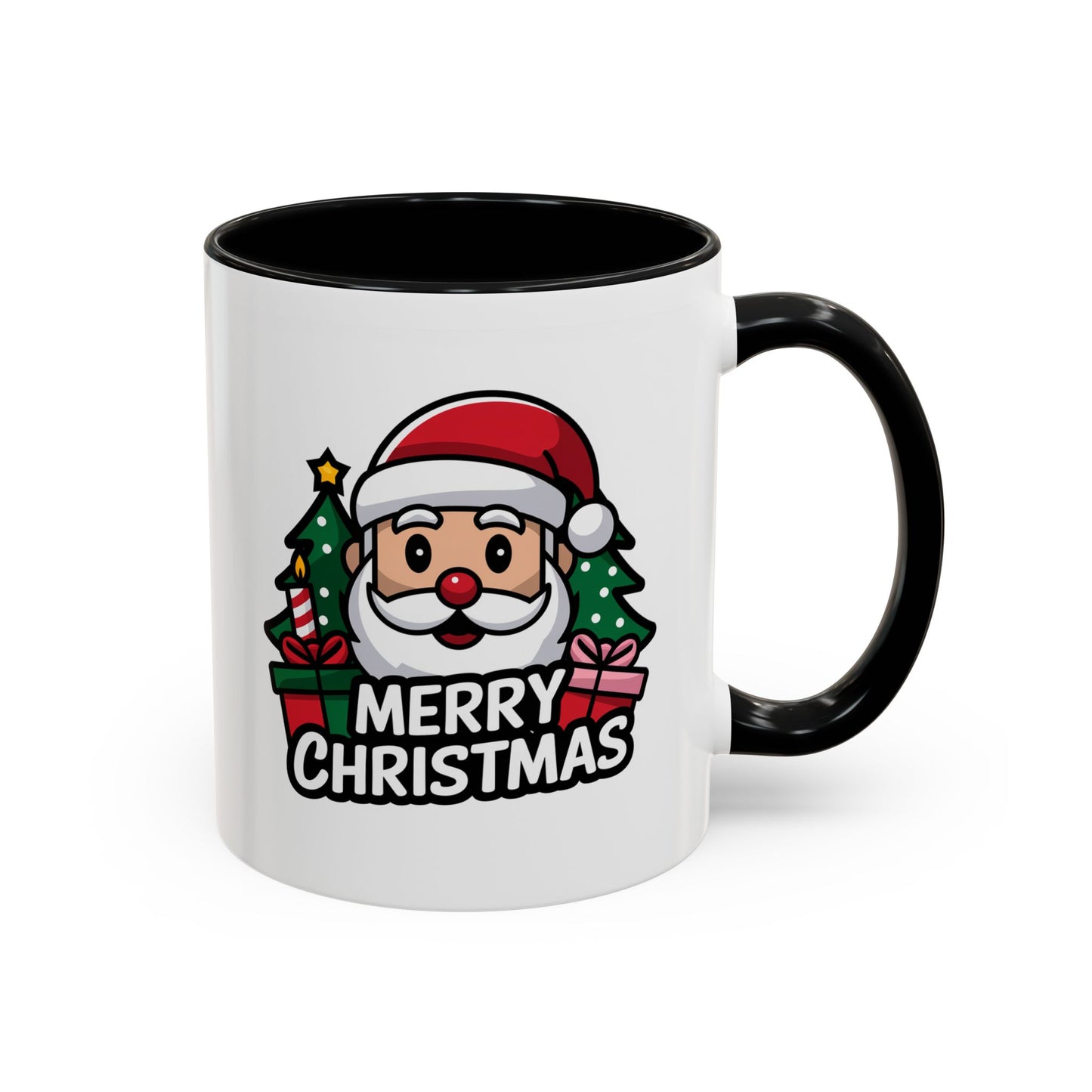 Christmas Mug - Merry Christmas White & Black Text Santa Trees Presents