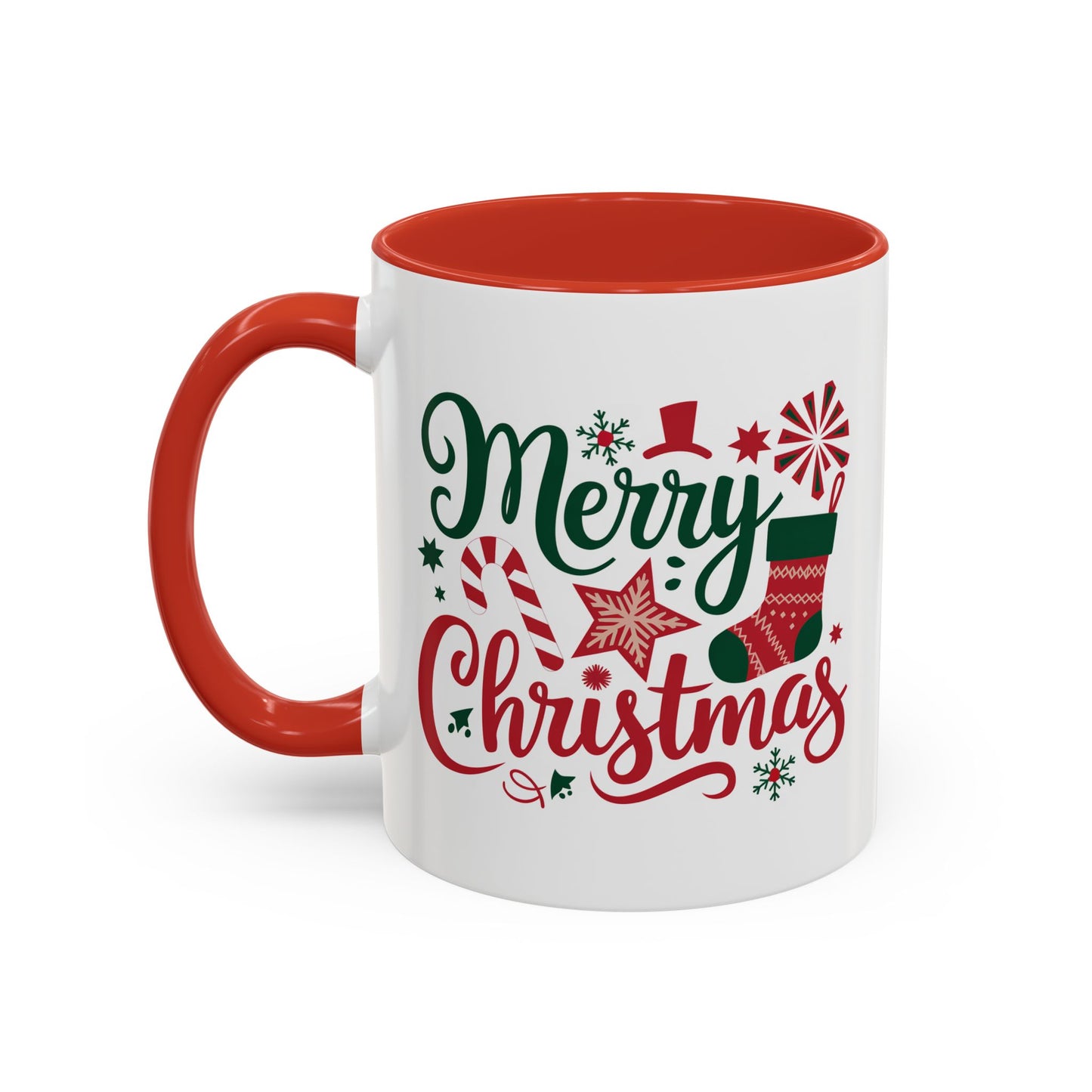 Christmas Mug - Merry Christmas Green & Red Text Star Candy Cane Stocking Snowflake