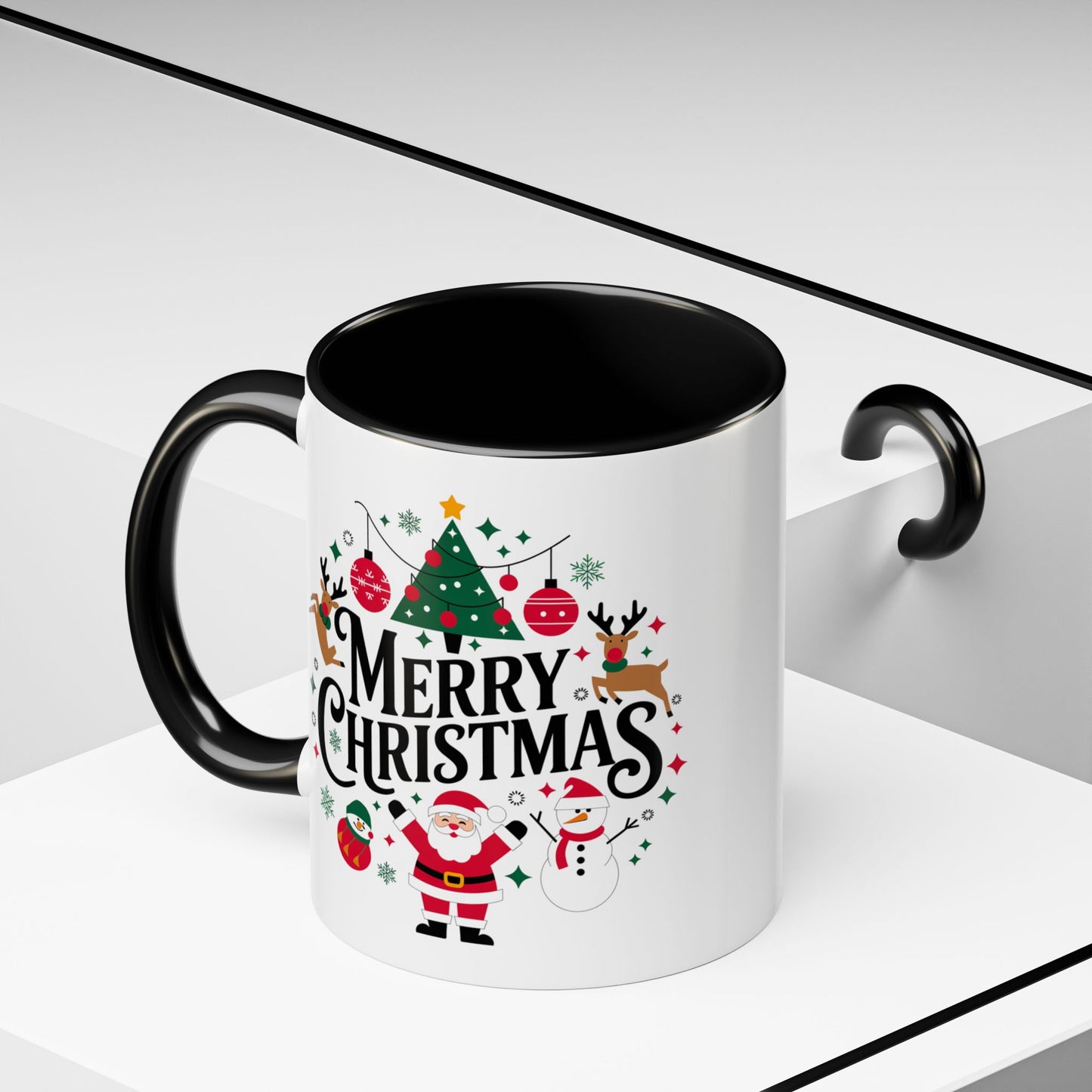 Christmas Mug - Merry Christmas Black Text Santa Reindeer Snowmen Ornaments