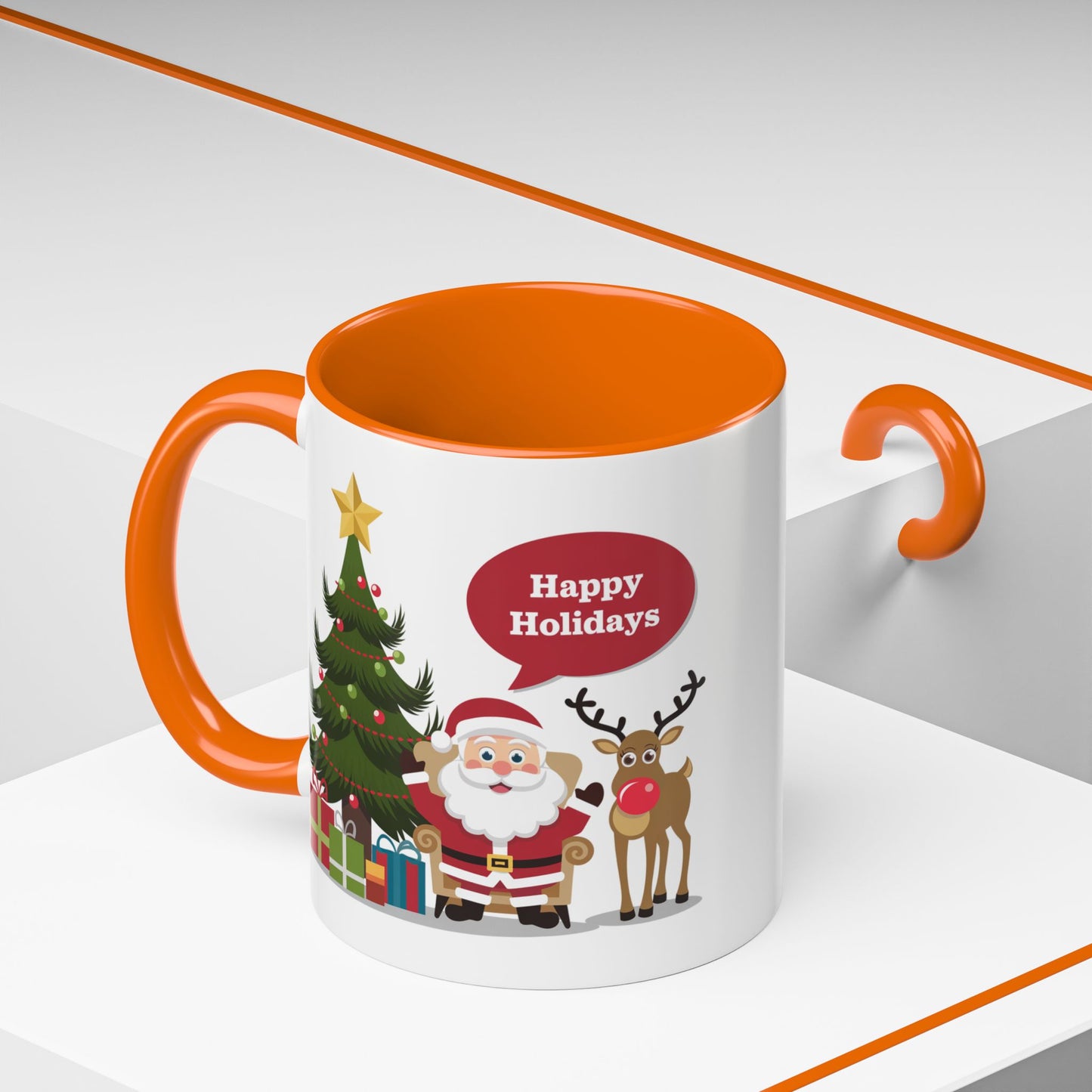 Christmas Mug - Happy Holidays Callout Santa Tree Presents Reindeer