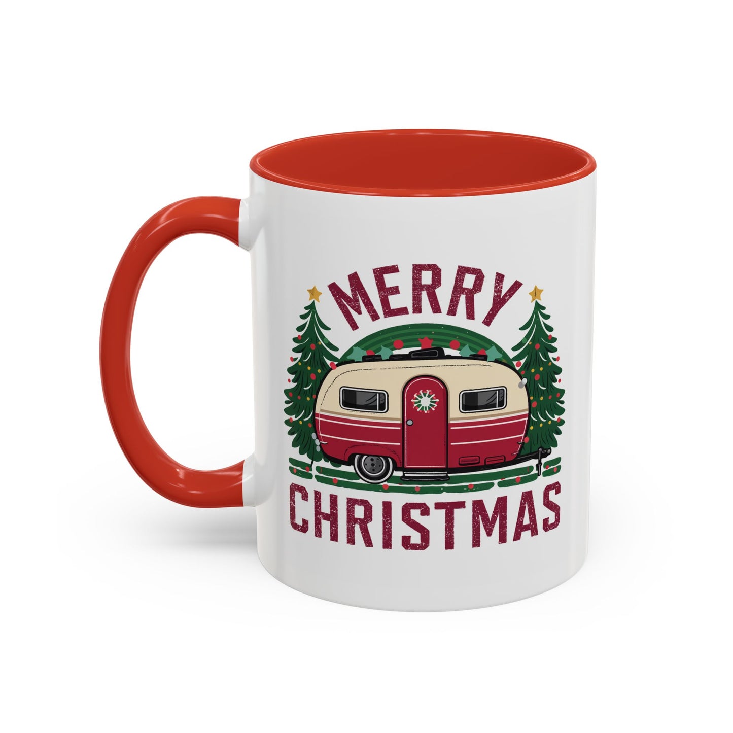 Christmas Mug - Merry Christmas Maroon Text Camper Trees