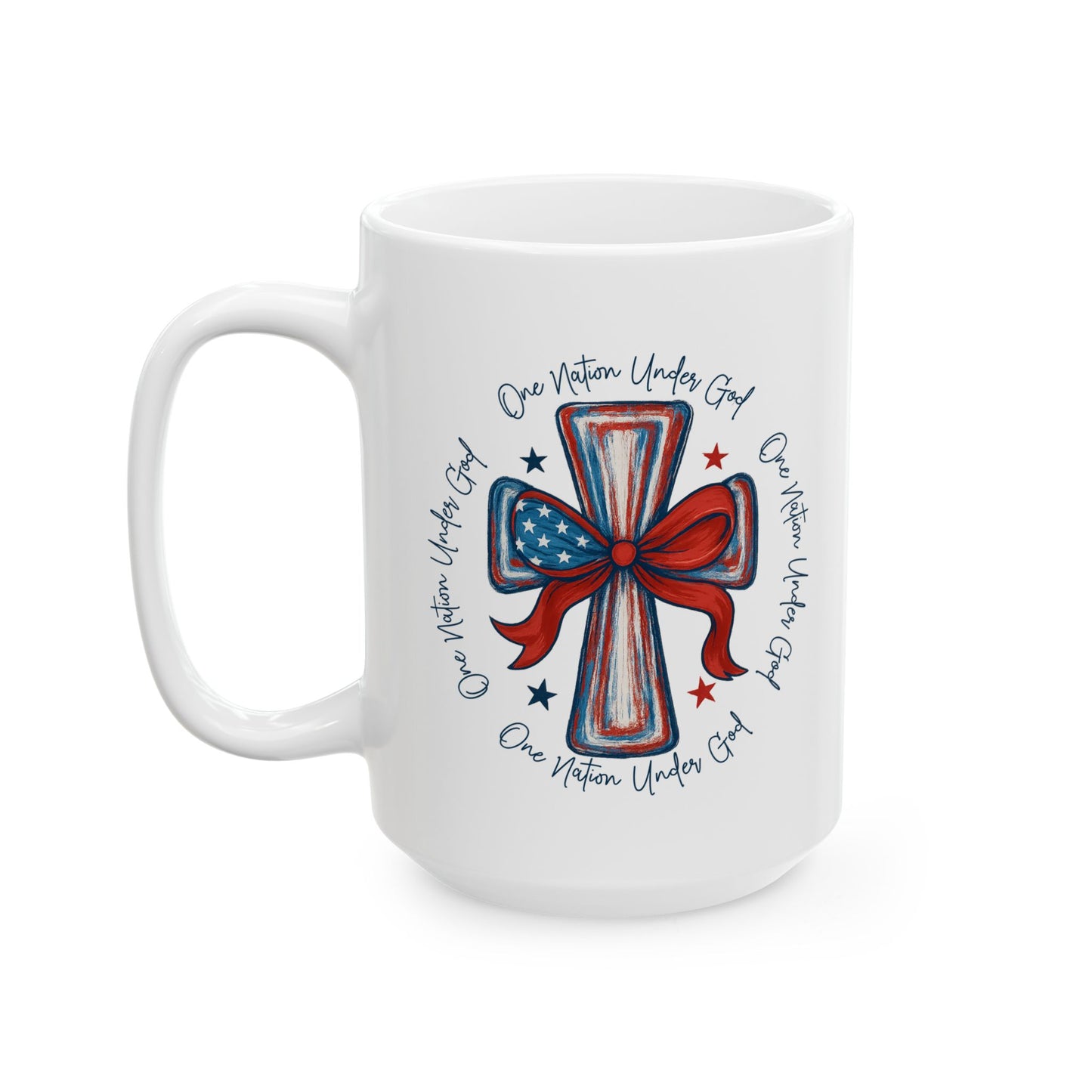 4th of July Mug - Patriotic Cross with Ribbon & Stars