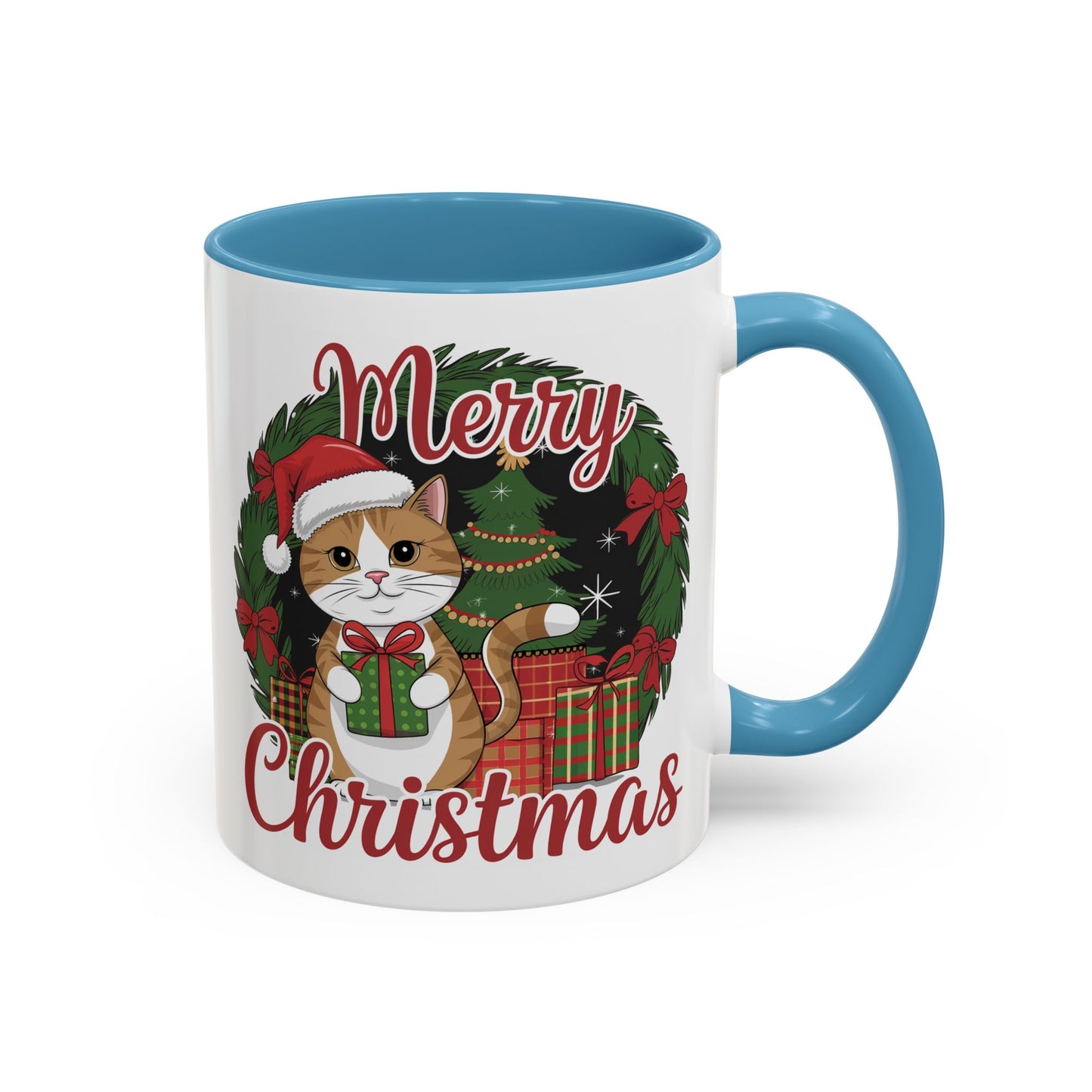 Christmas Mug - Merry Christmas Red Text Cat Presents Wreath