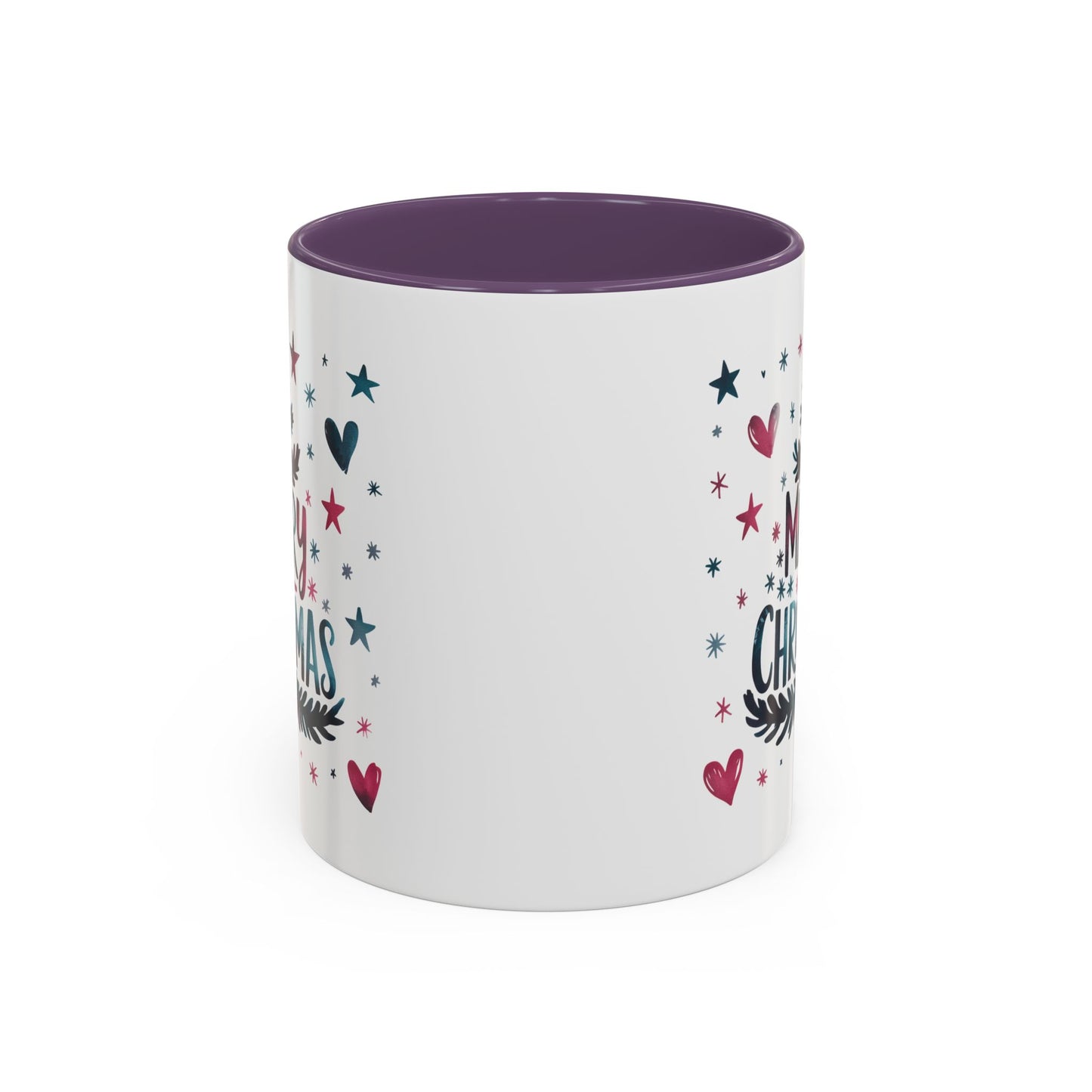 Christmas Mug - Merry Christmas Maroon & Blue Text Tree Hearts Stars