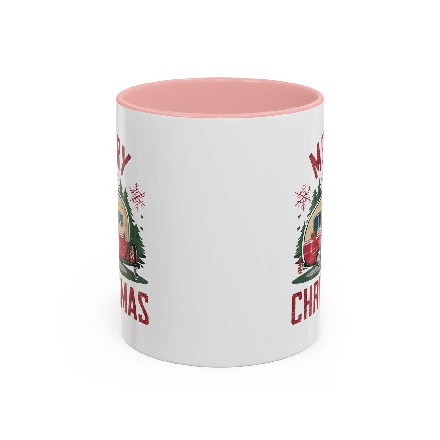 Christmas Mug - Merry Christmas Maroon Text Camper Trees Snowflakes