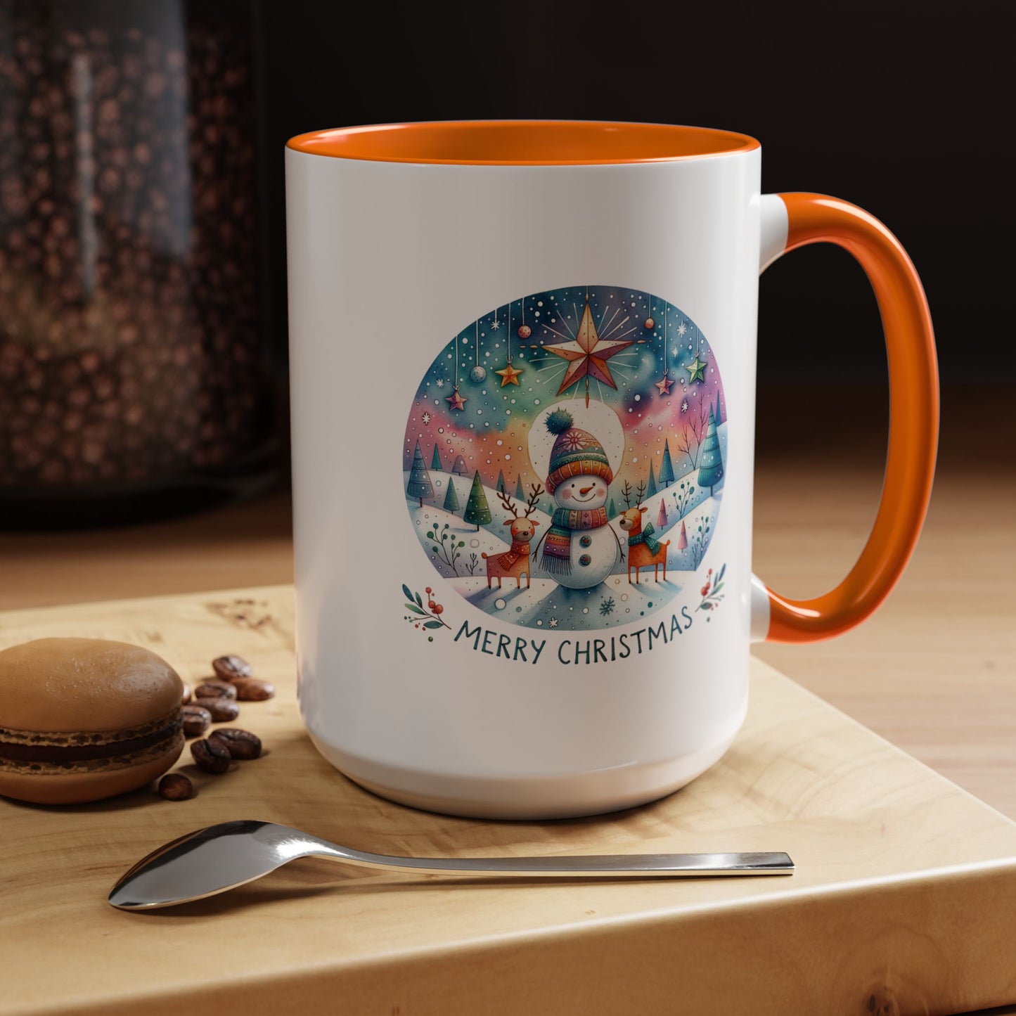 Christmas Mug - Merry Christmas Blue Text Snowman Star Reindeer